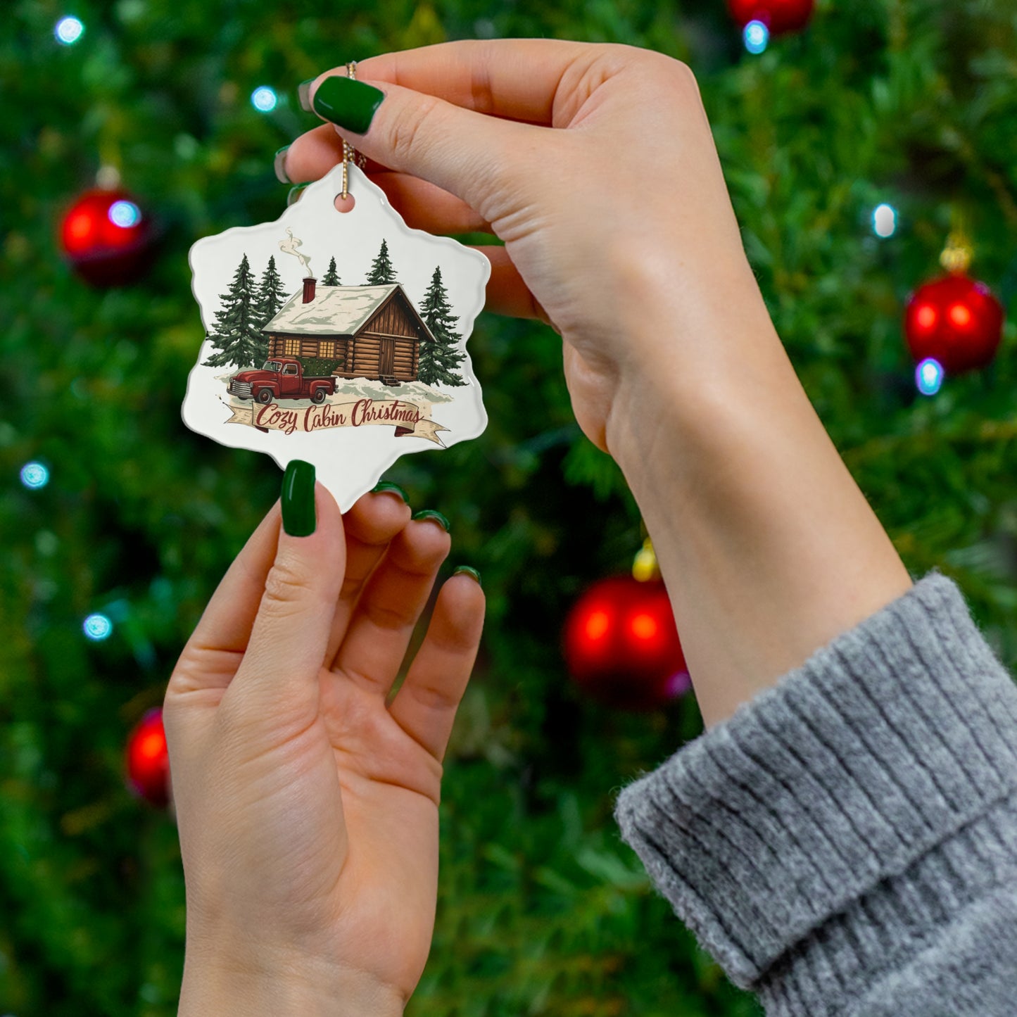 Cozy Cabin Christmas Ceramic Ornament | Rustic Holiday Cabin Ornament | Vintage Truck Christmas Décor (4 Shape Options)
