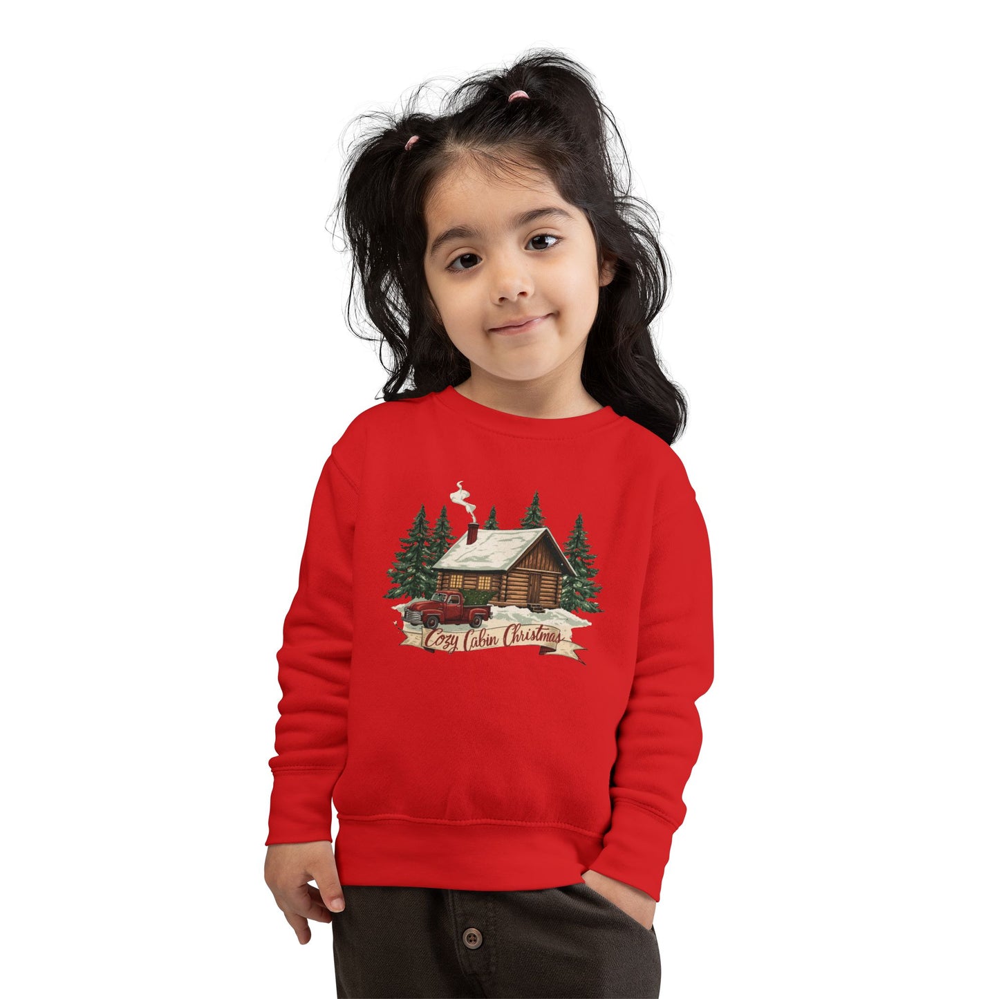 Cozy Cabin Christmas Toddler Crewneck | Kids Holiday Sweatshirt | Vintage Red Truck & Cabin Christmas Sweater (8 Colors)