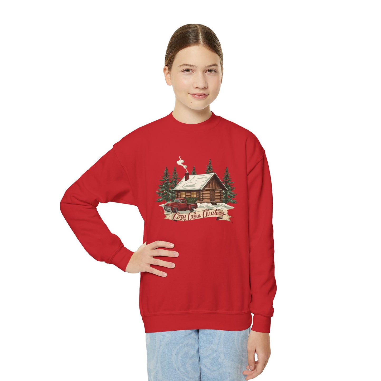 Cozy Cabin Christmas Youth Crewneck | Kids Holiday Sweatshirt | Vintage Cabin & Red Truck Christmas Sweater (10 Colors)