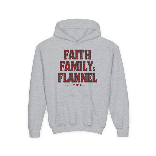 Faith, Family & Flannel Youth Hoodie | Cozy Christian Fall & Holiday Sweatshirt (4 Color Options)