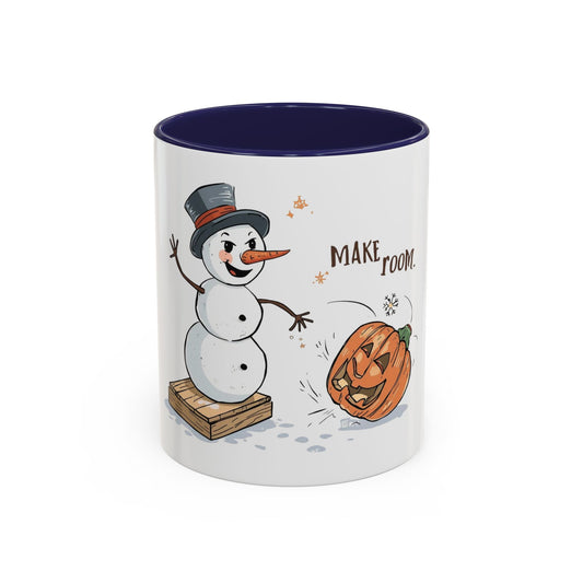 Winter to Fall Humor Mug – “Make Room” Snowman & Pumpkin Mug