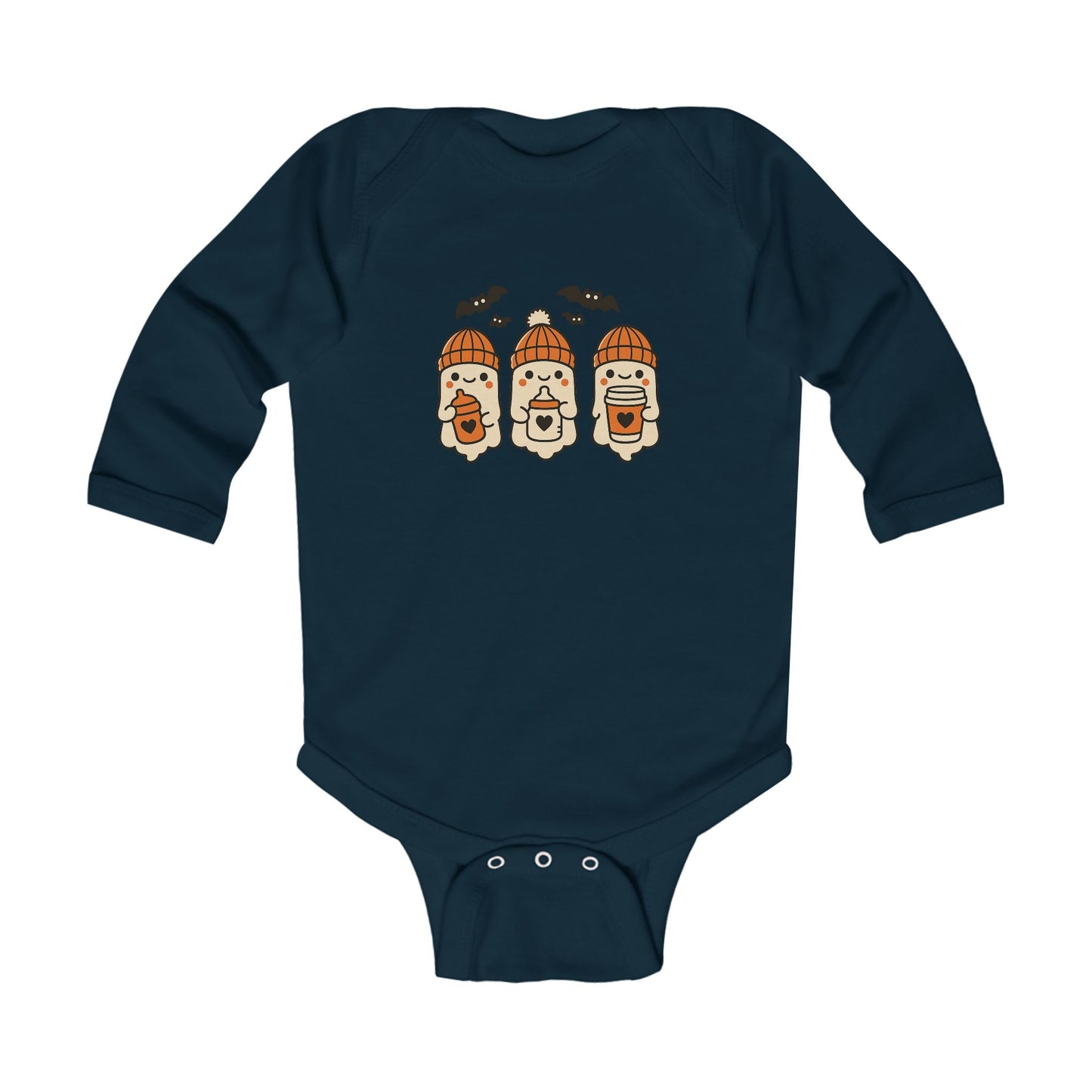 Navy blue baby long sleeve onesie with Halloween ghost beanie and bats design