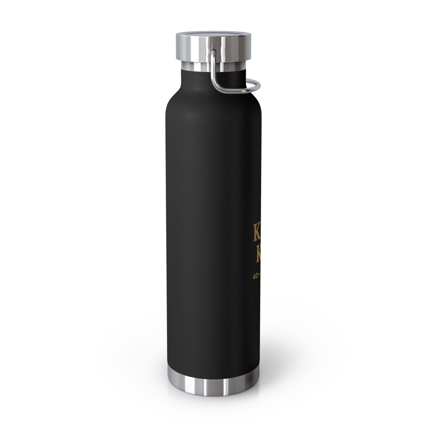 Black stainless steel King Kev water bottle with gold crown logo angled left