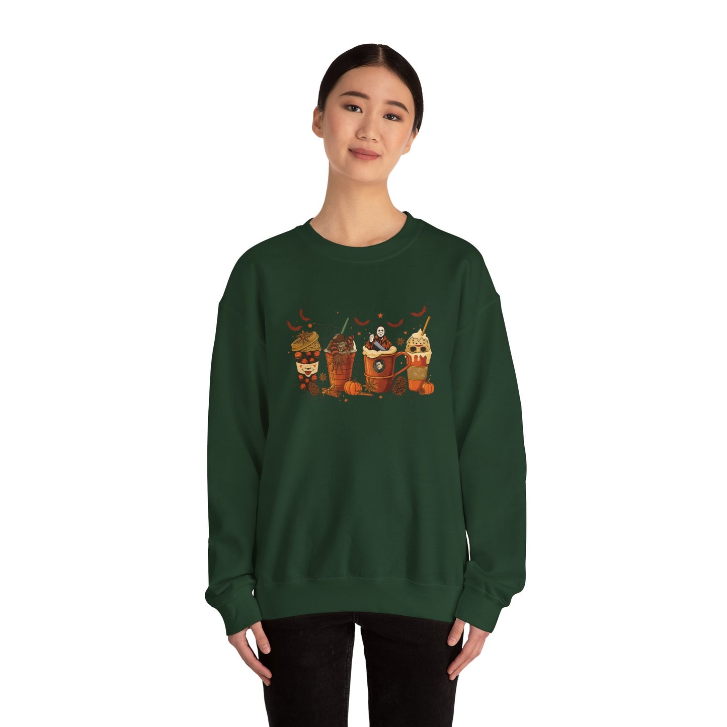 Dark green Gildan 18000 unisex crewneck sweatshirt with Halloween horror coffee drinks design, shown on model for fit and casual style.