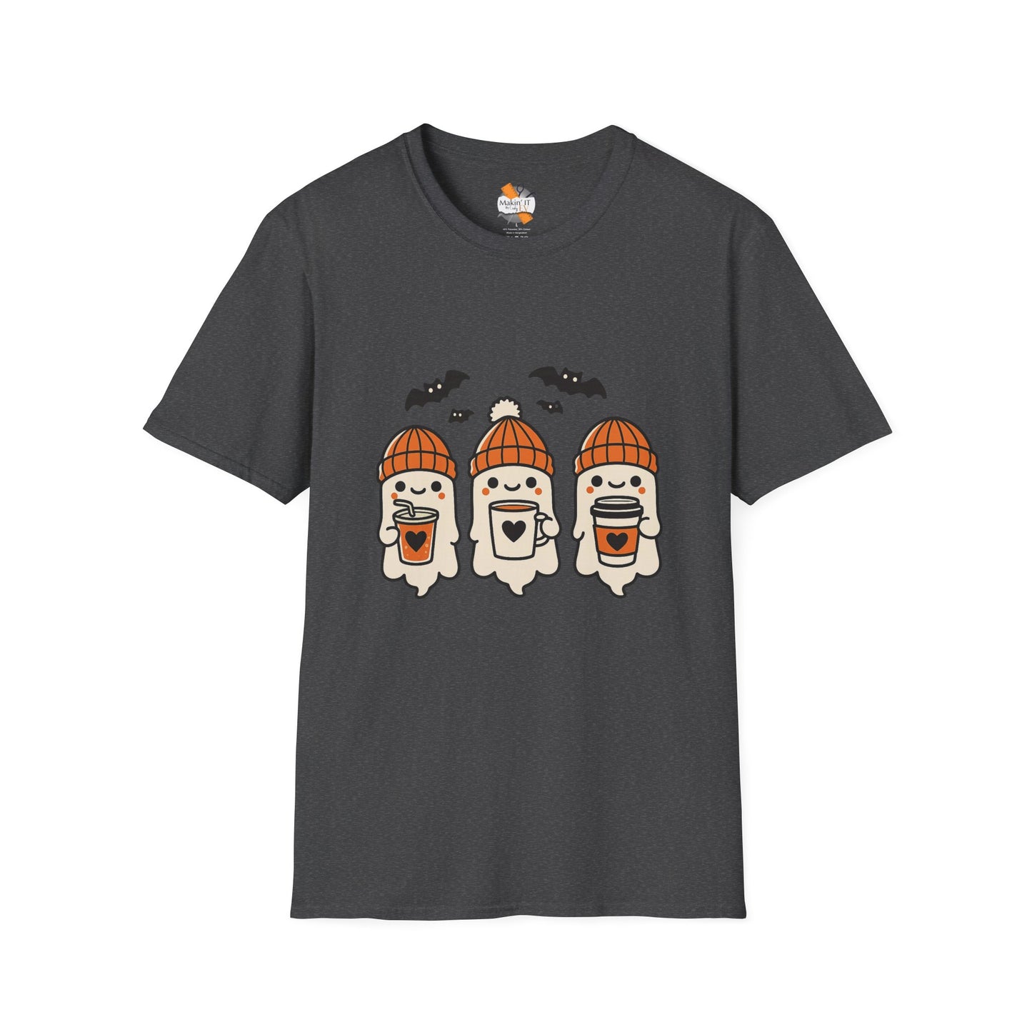 Dark heather gray t-shirt featuring three Halloween ghosts in orange beanies with coffee and bats