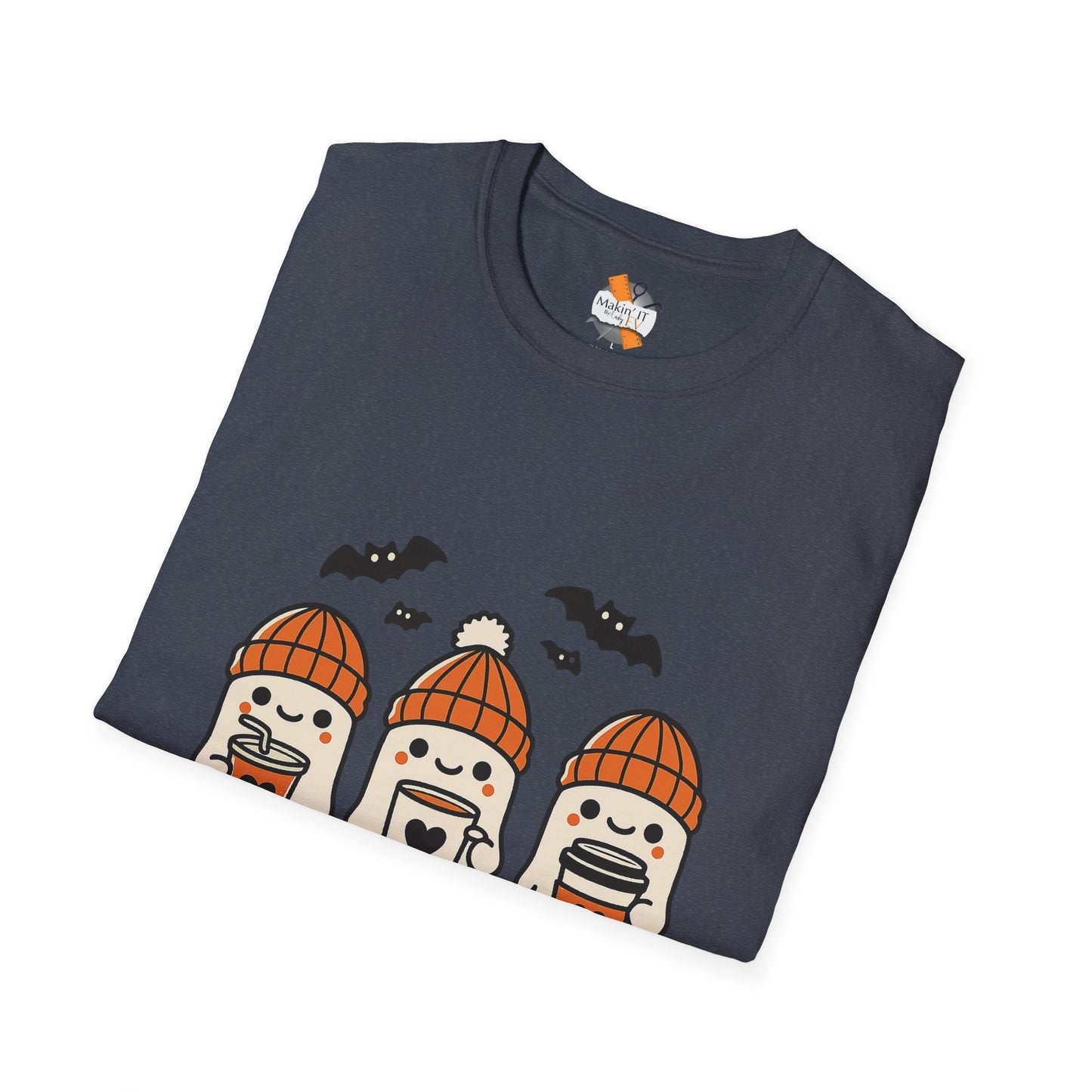 Folded dark heather gray Halloween t-shirt with three kawaii ghosts in orange hats holding coffee cups, Makin’ It By Lady Ev.
