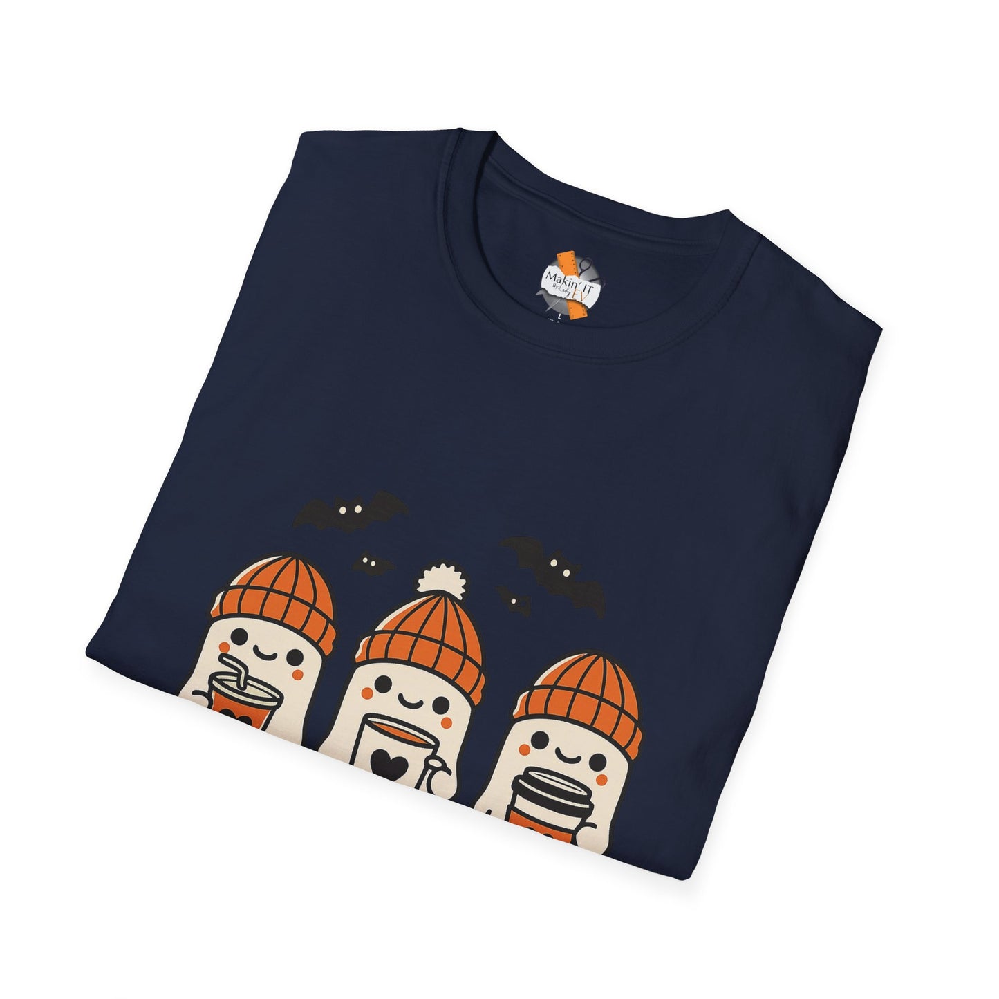 Folded navy blue t-shirt with cute Halloween ghost coffee design, three ghosts in orange beanies with mugs, Makin’ It By Lady Ev.