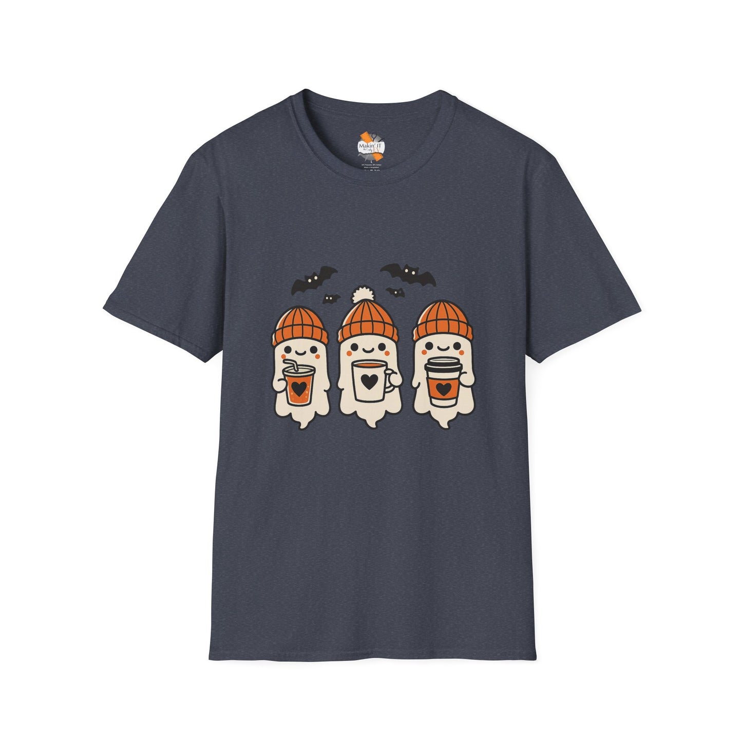 Dark heather gray t-shirt showcasing cute Halloween ghosts in orange knitted beanies drinking from mugs and cups, with bats flying – Makin’ It By Lady Ev fall shirt