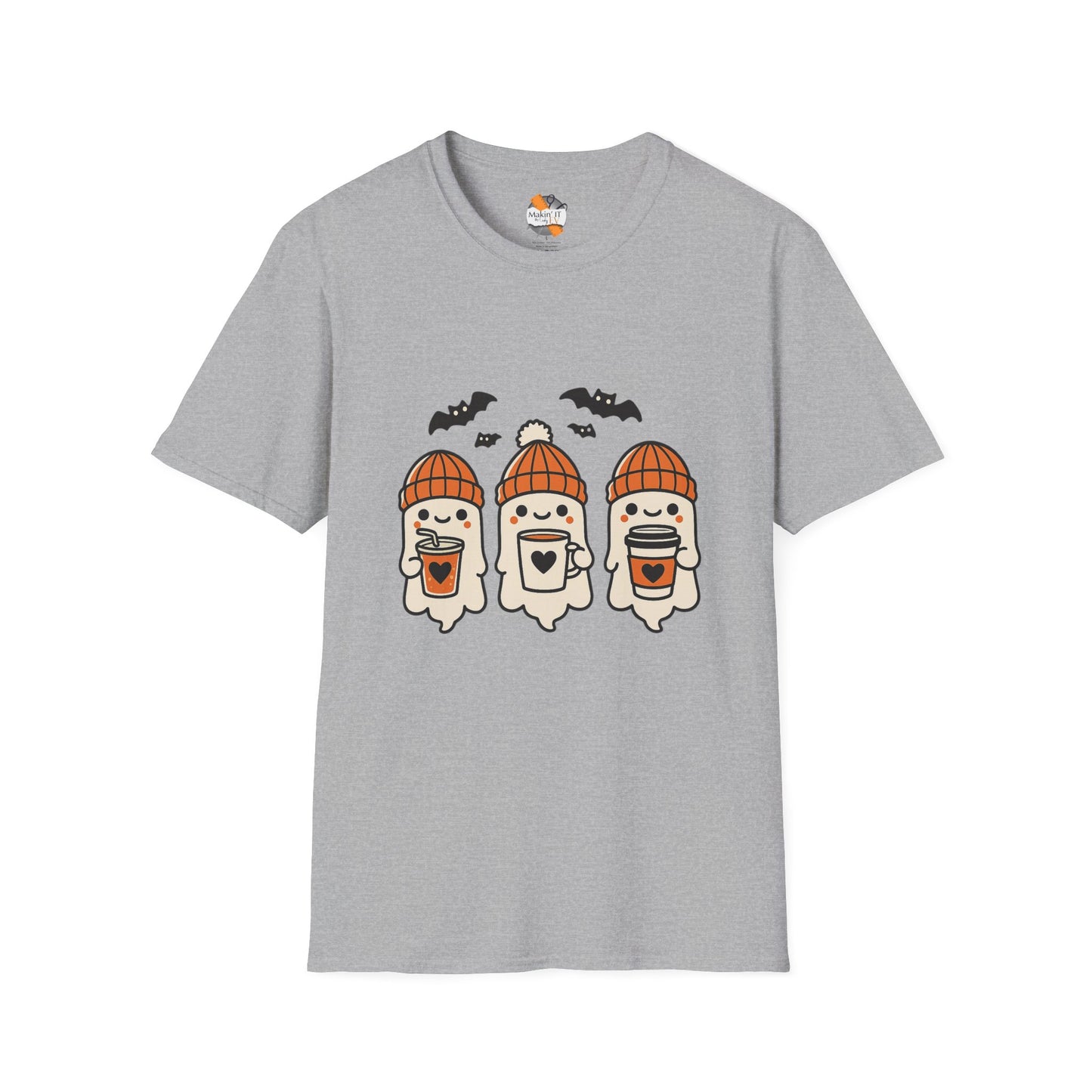 Heather gray t-shirt with cute Halloween design of three baby ghosts wearing orange knitted beanies and holding drinks, with bats flying above – by Makin’ It By Lady Ev