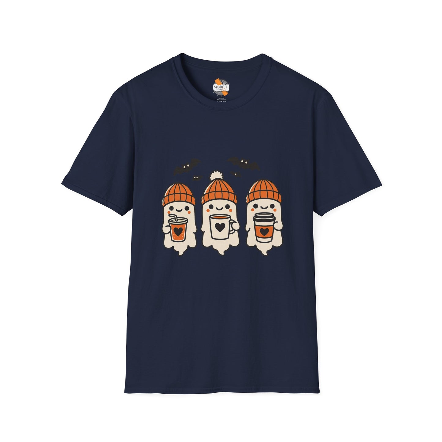 Navy blue unisex t-shirt with playful Halloween graphic of three baby ghosts in cozy orange hats, sipping drinks with bats overhead – by Makin’ It By Lady Ev