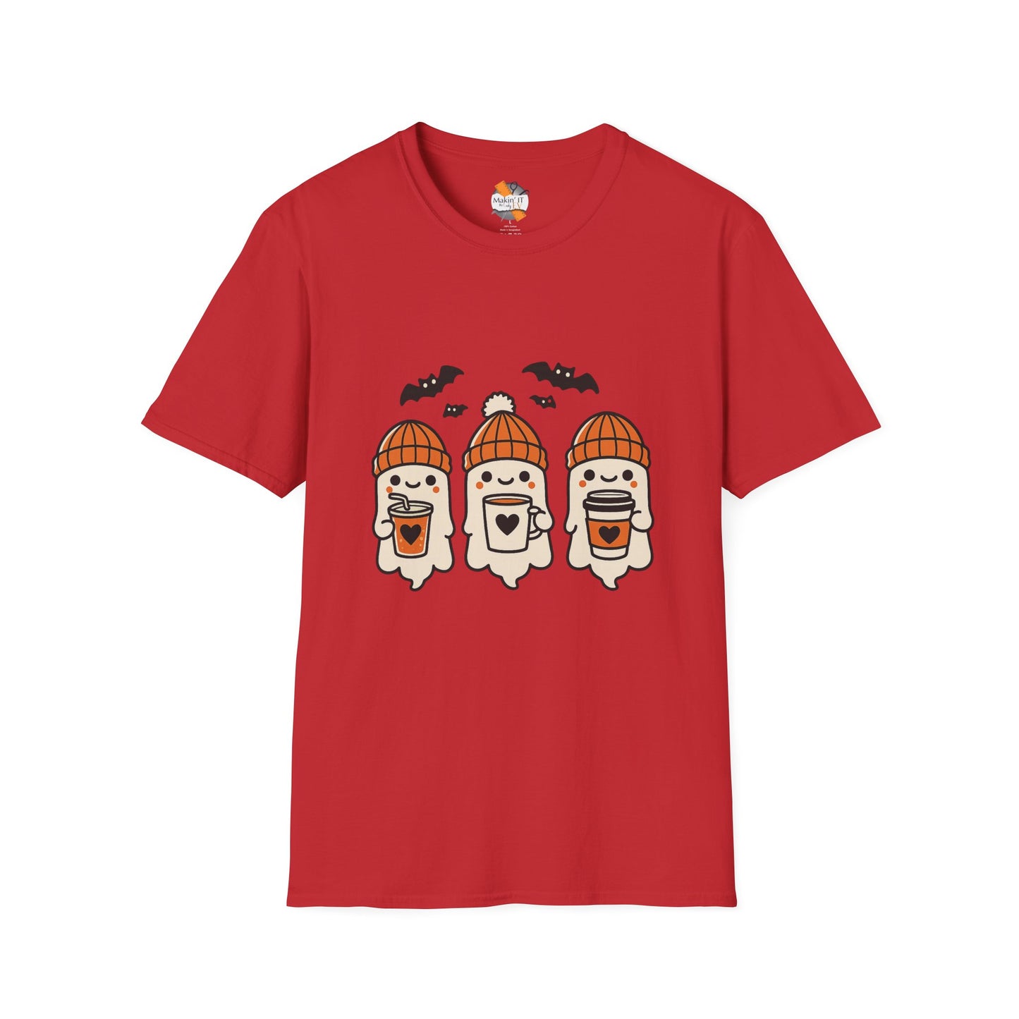 Red unisex graphic tee with festive Halloween print of three baby ghosts in orange beanies, holding mugs and surrounded by bats – cozy fall shirt by Makin’ It By Lady Ev
