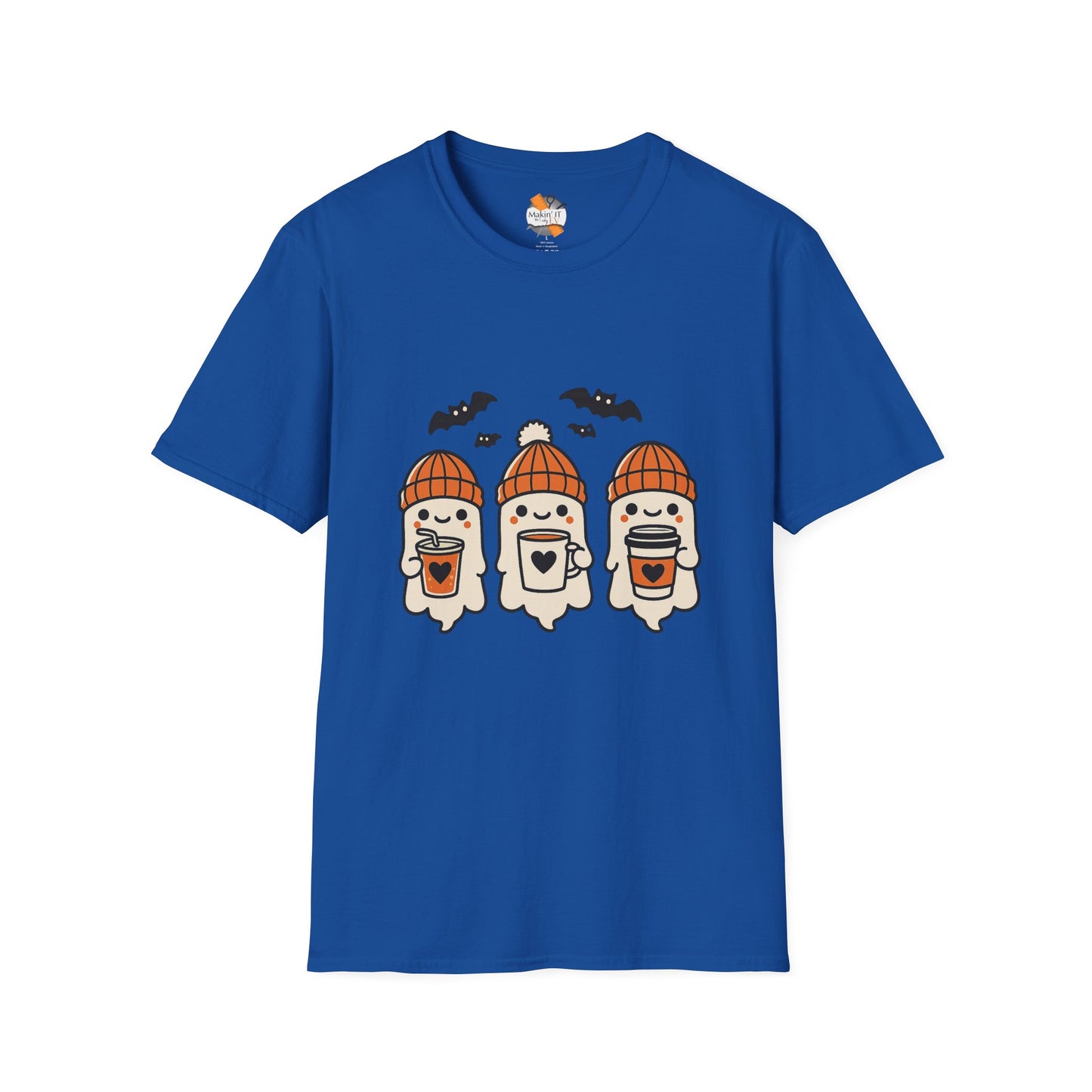 Royal blue Halloween graphic tee with three adorable baby ghosts in orange hats sipping drinks, surrounded by bats – festive fall shirt by Makin’ It By Lady Ev