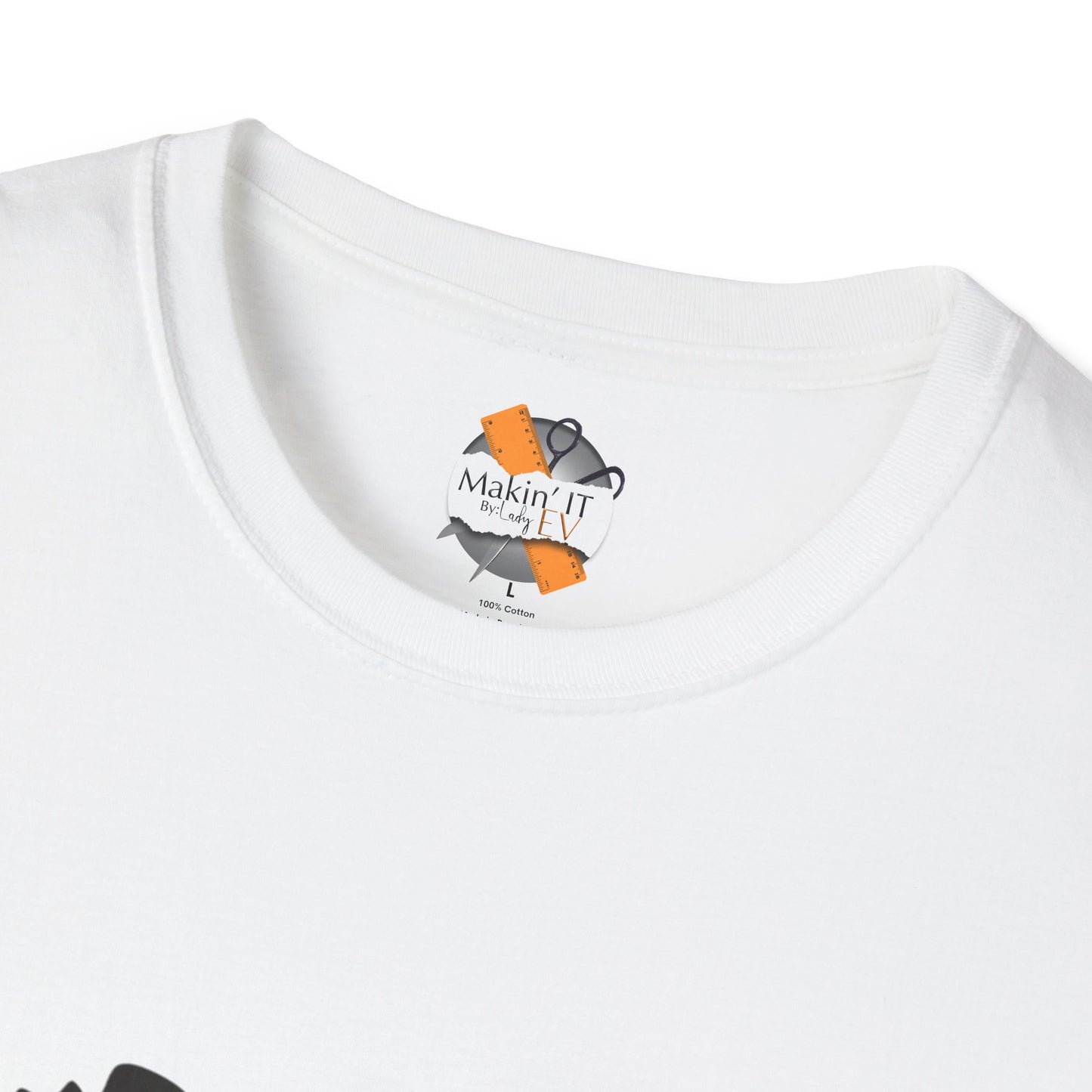 Close-up of neckline and inside label of white ghost beanie Halloween shirt – Makin’ It By Lady Ev branding