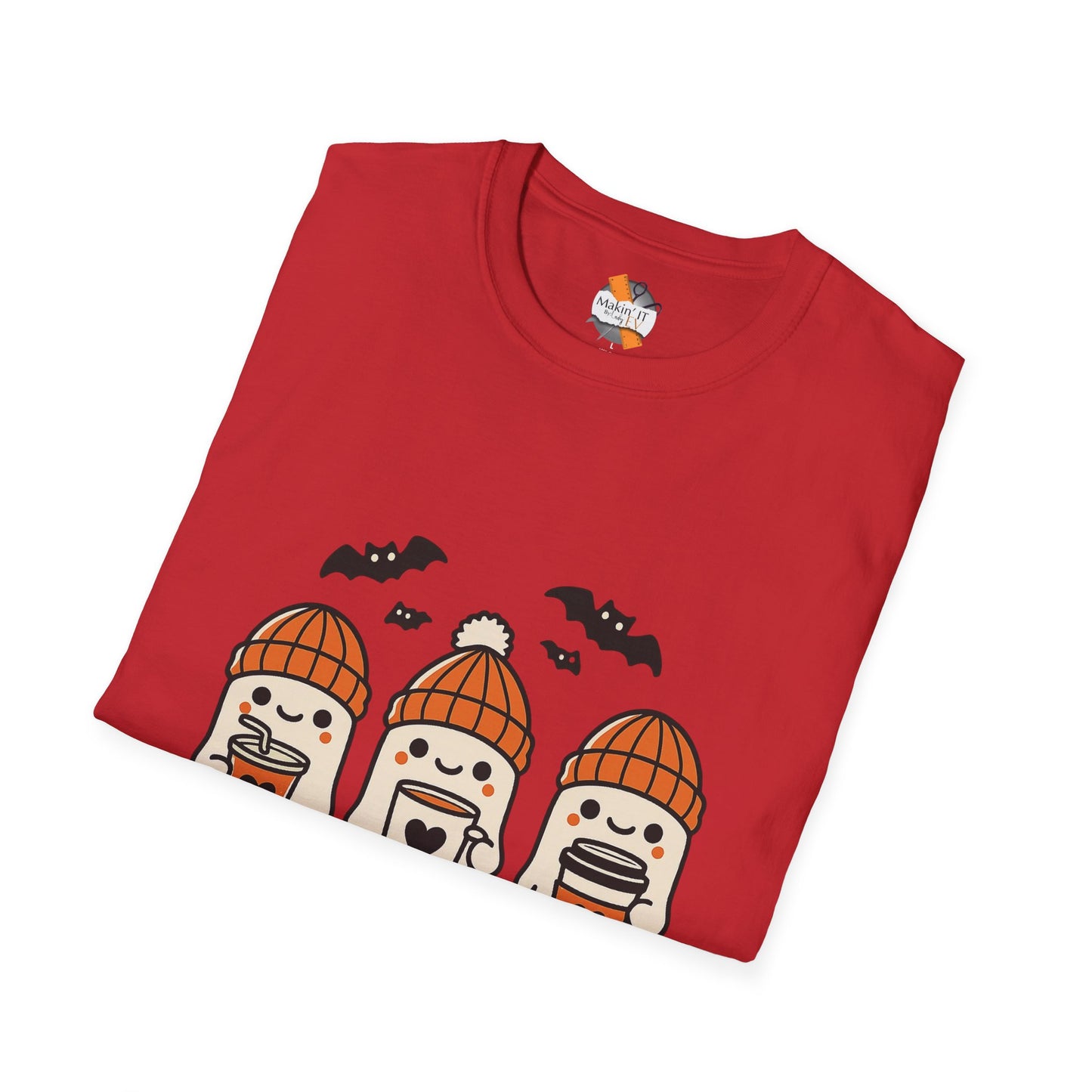 Folded red Halloween t-shirt featuring three baby ghosts wearing orange beanies and holding mugs with bats overhead – Makin’ It By Lady Ev.