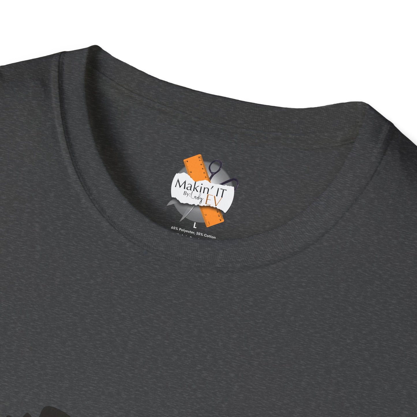Neck tag closeup of charcoal gray ghost beanie Halloween t-shirt by Makin’ It By Lady Ev