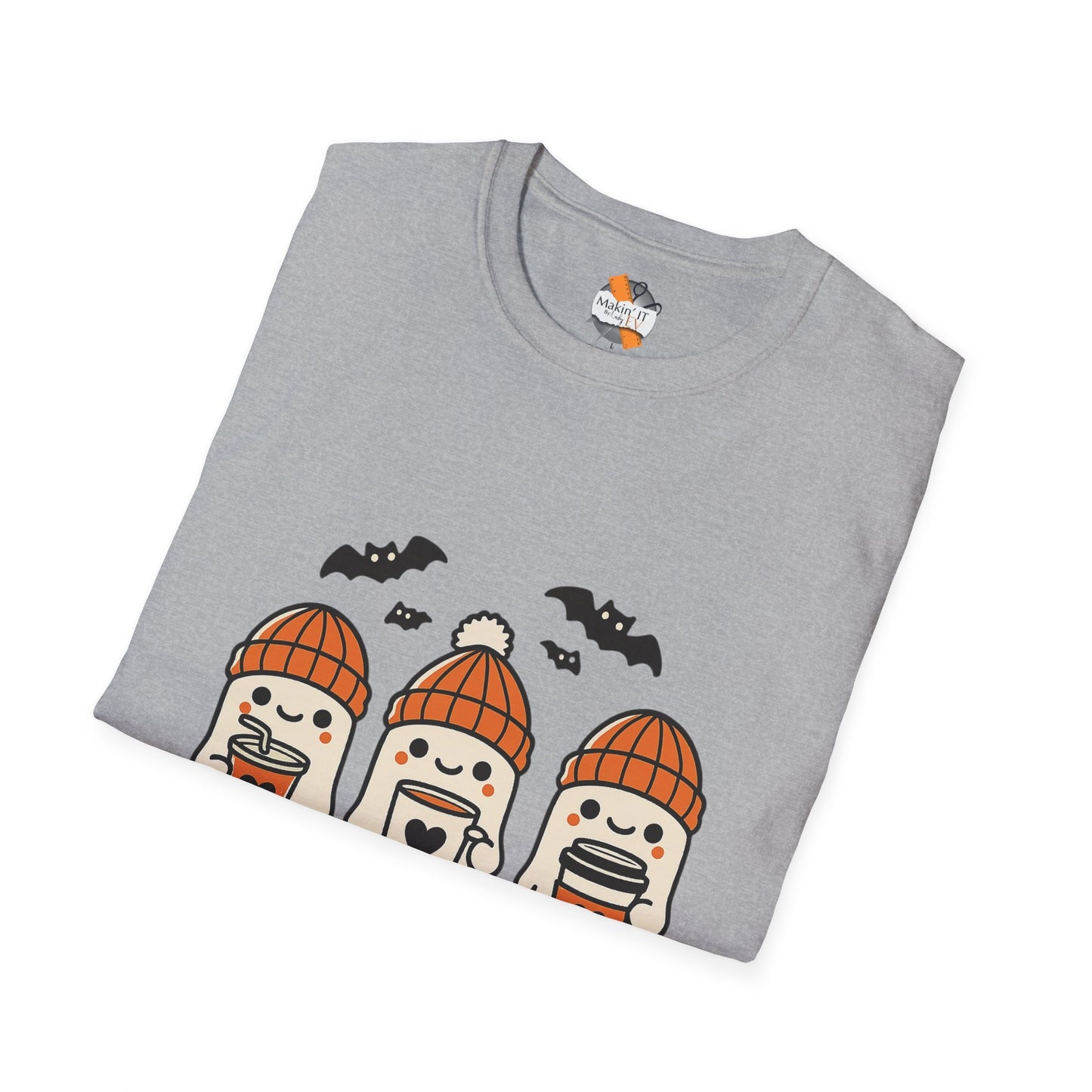 Folded heather gray Halloween t-shirt featuring three cute baby ghosts in orange beanies with hot drinks and bats.