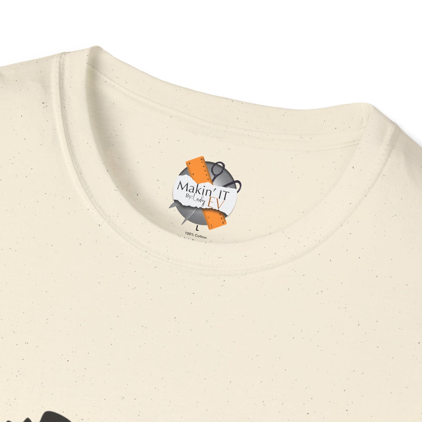 Neck tag closeup of oatmeal ghost beanie Halloween t-shirt by Makin’ It By Lady Ev