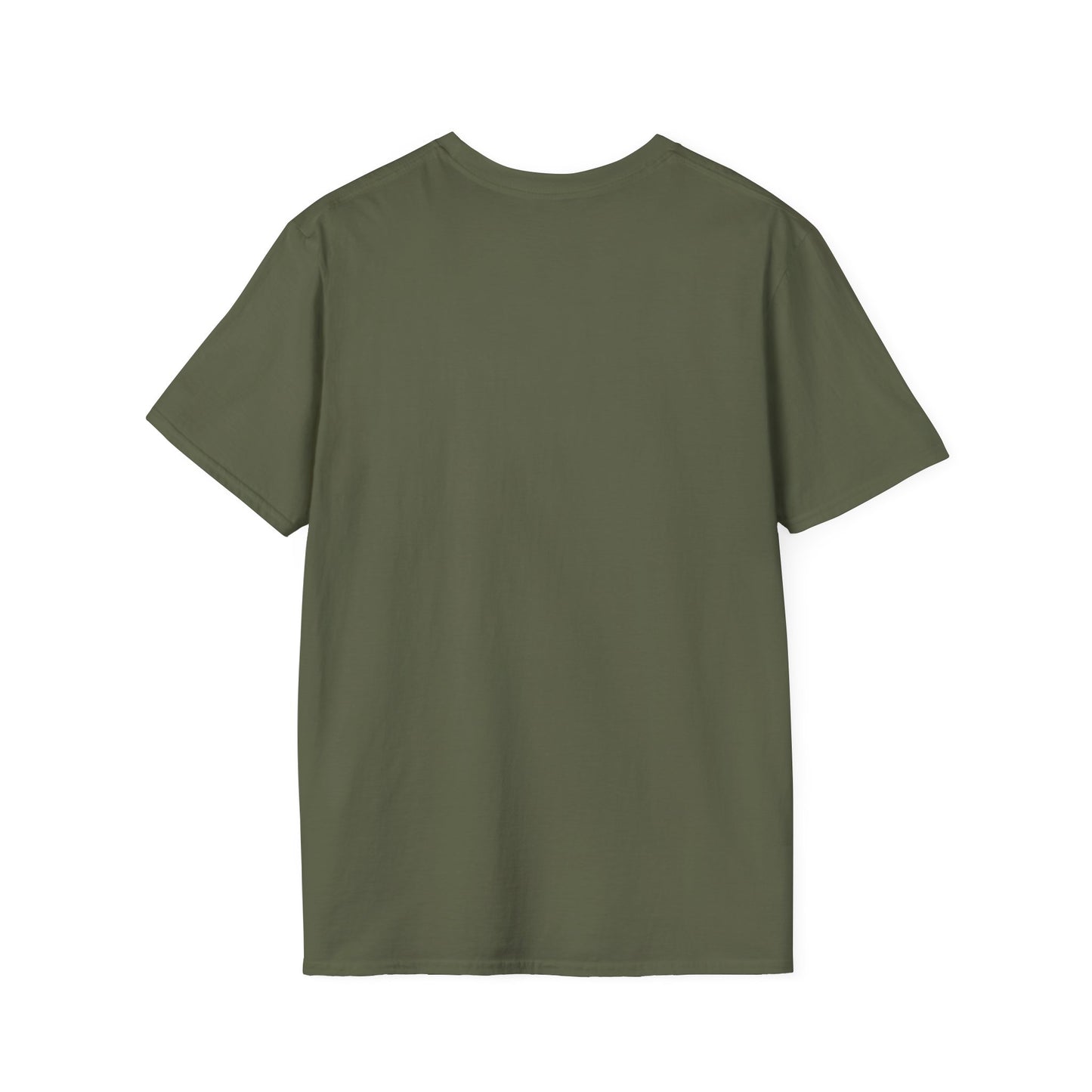 Back view of olive green Halloween t-shirt with ghost trio in orange beanies by Makin’ It By Lady Ev