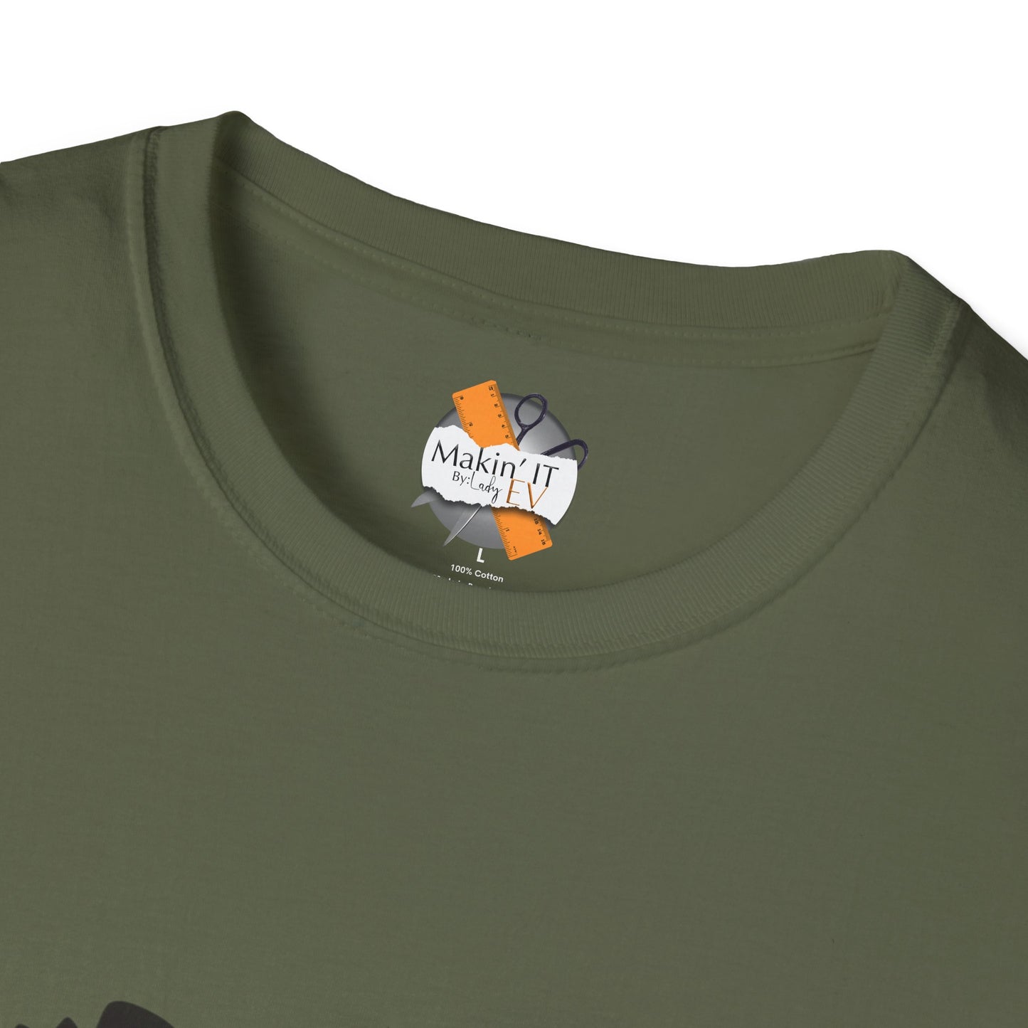 Neck tag closeup of olive green ghost beanie Halloween t-shirt by Makin’ It By Lady Ev