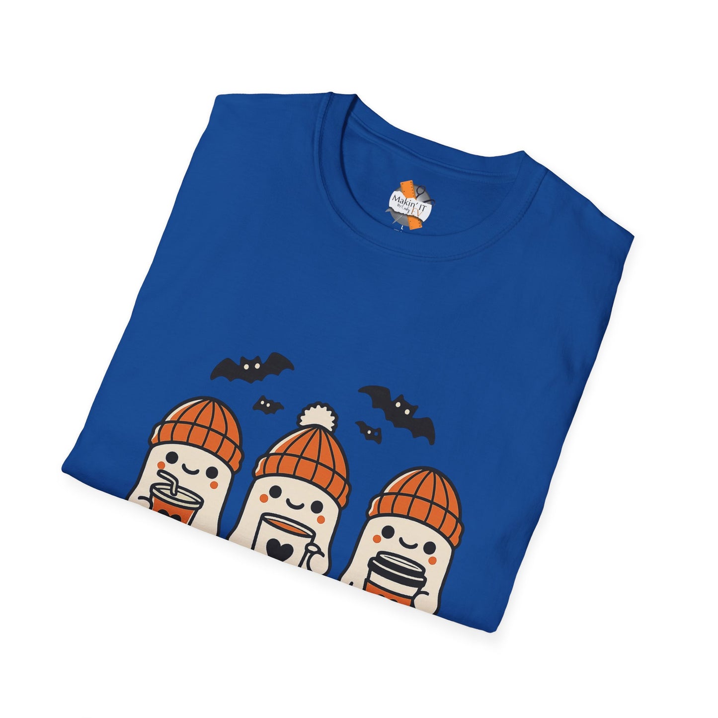 Folded royal blue Halloween t-shirt with three smiling baby ghosts in orange knit beanies and bats flying overhead.