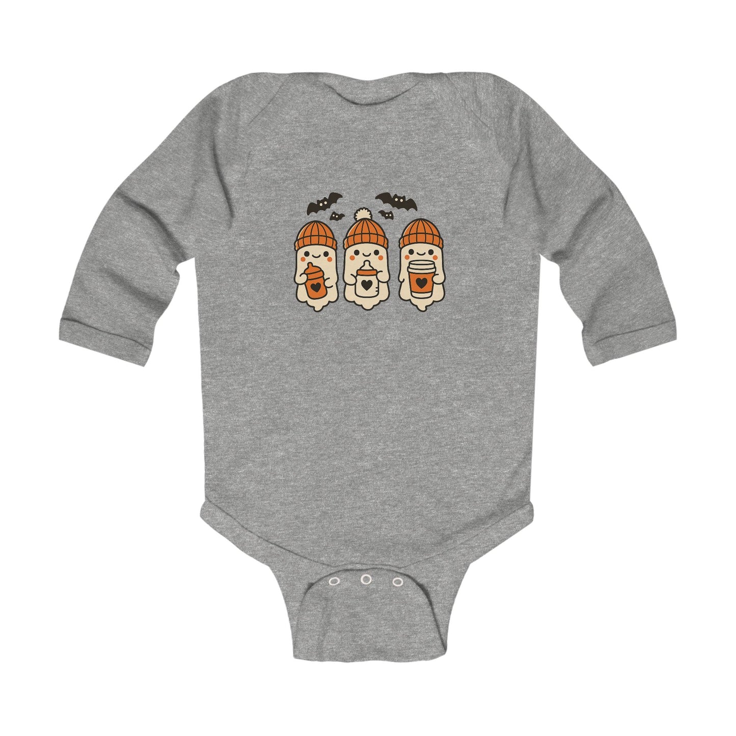 Cute gray baby onesie with three cartoon ghosts wearing orange beanies, holding bottles and cups, with flying bats – cozy Halloween long sleeve bodysuit.
