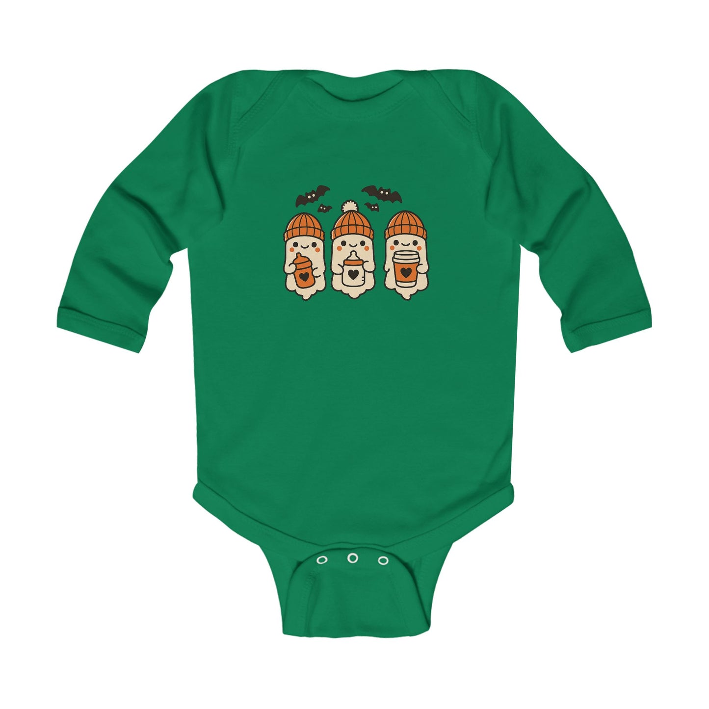 Adorable green baby onesie featuring three kawaii ghosts in orange beanies, holding baby bottles and cups, with bats above – festive Halloween bodysuit.