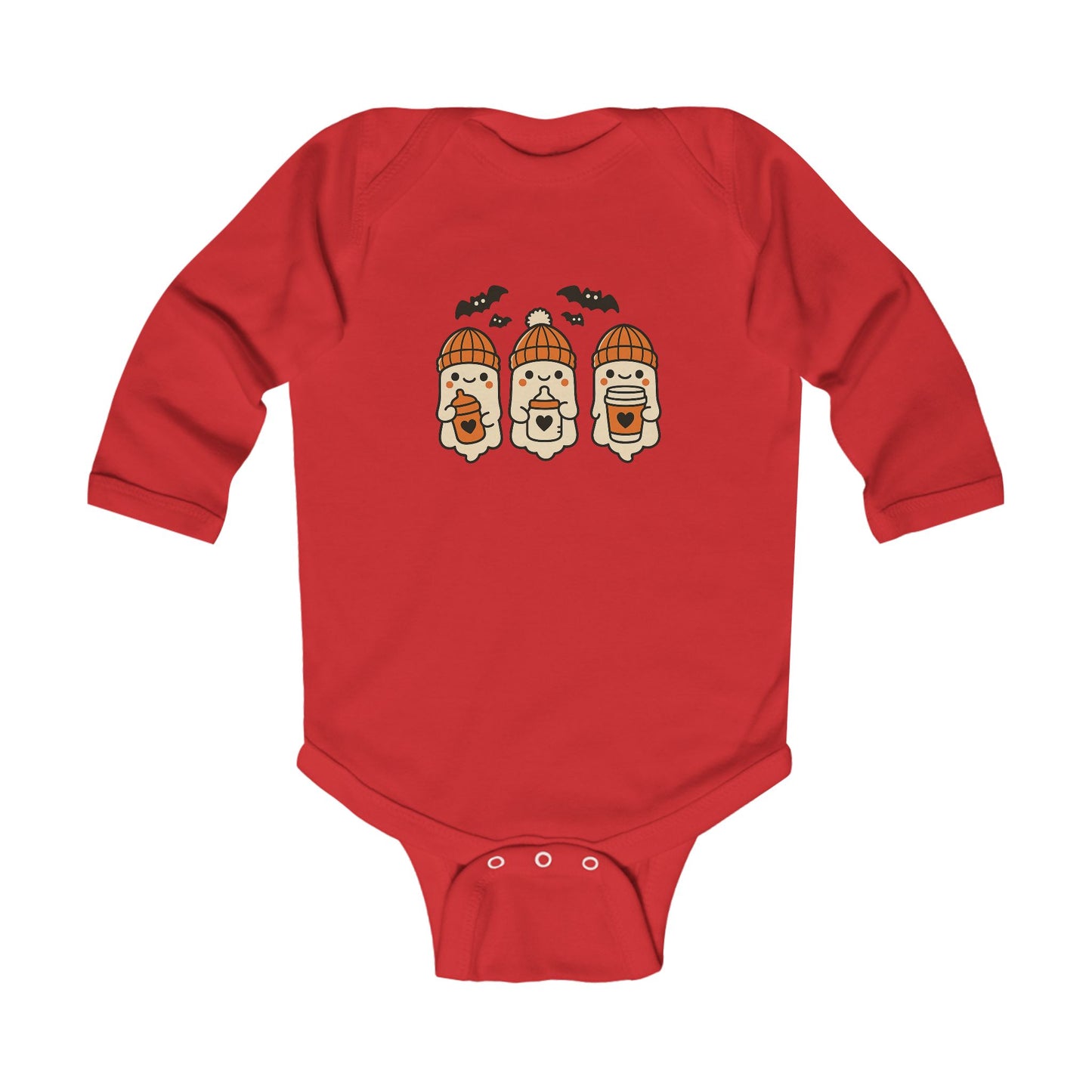 Fun red baby onesie with adorable ghost characters in orange knit hats, holding bottles and mugs with hearts, perfect spooky Halloween outfit.