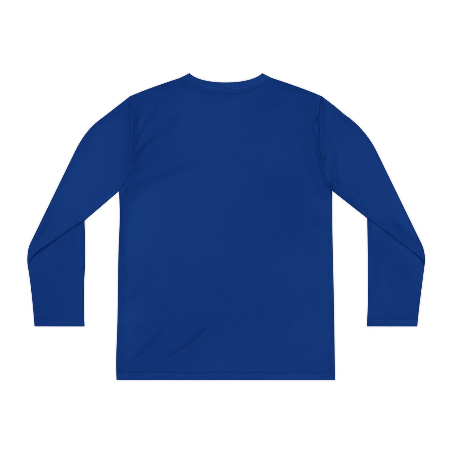 Back view of royal blue long sleeve Halloween shirt, plain with no design.