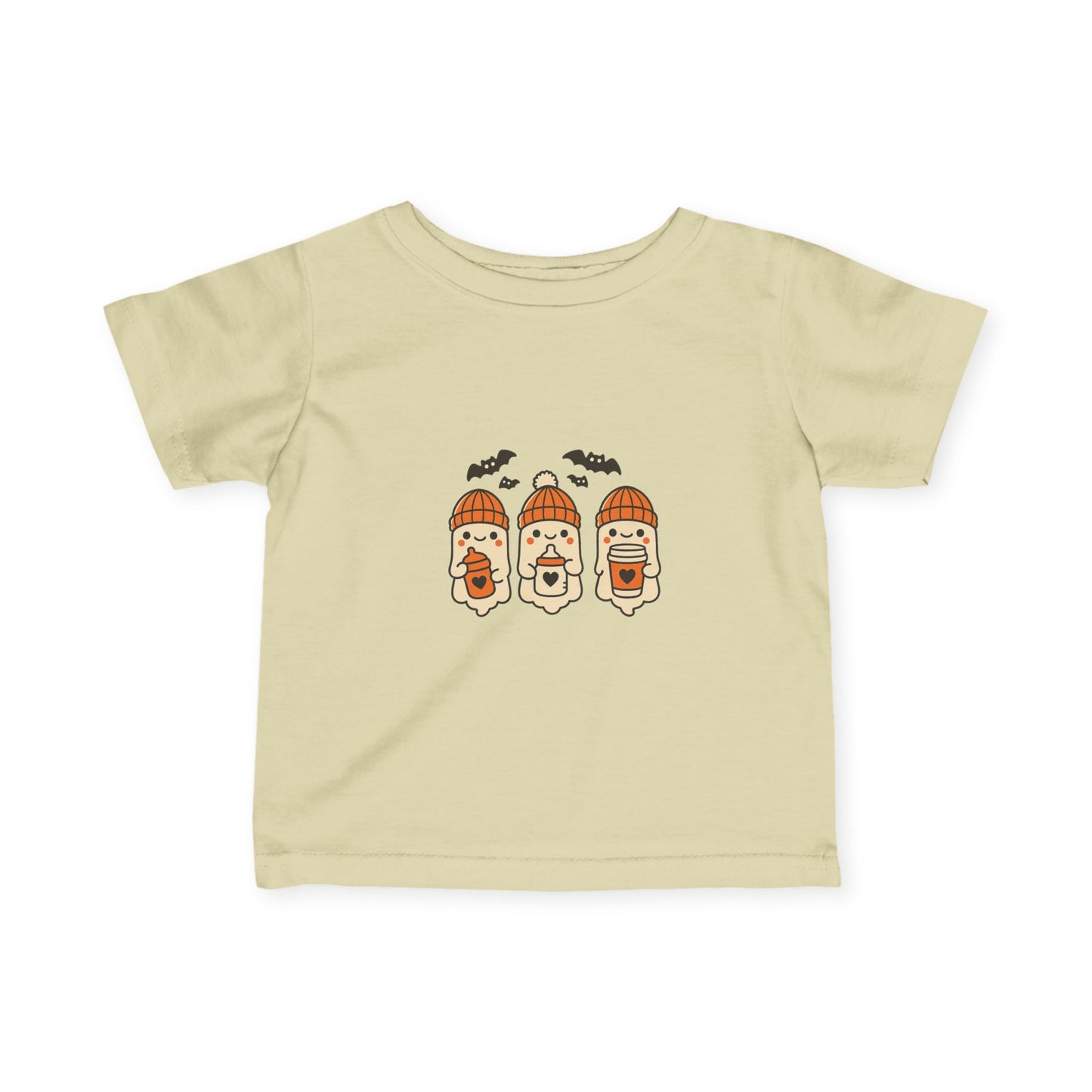 Light butter yellow toddler t-shirt with cute Halloween ghost trio in orange beanies holding bottles and sippy cups.