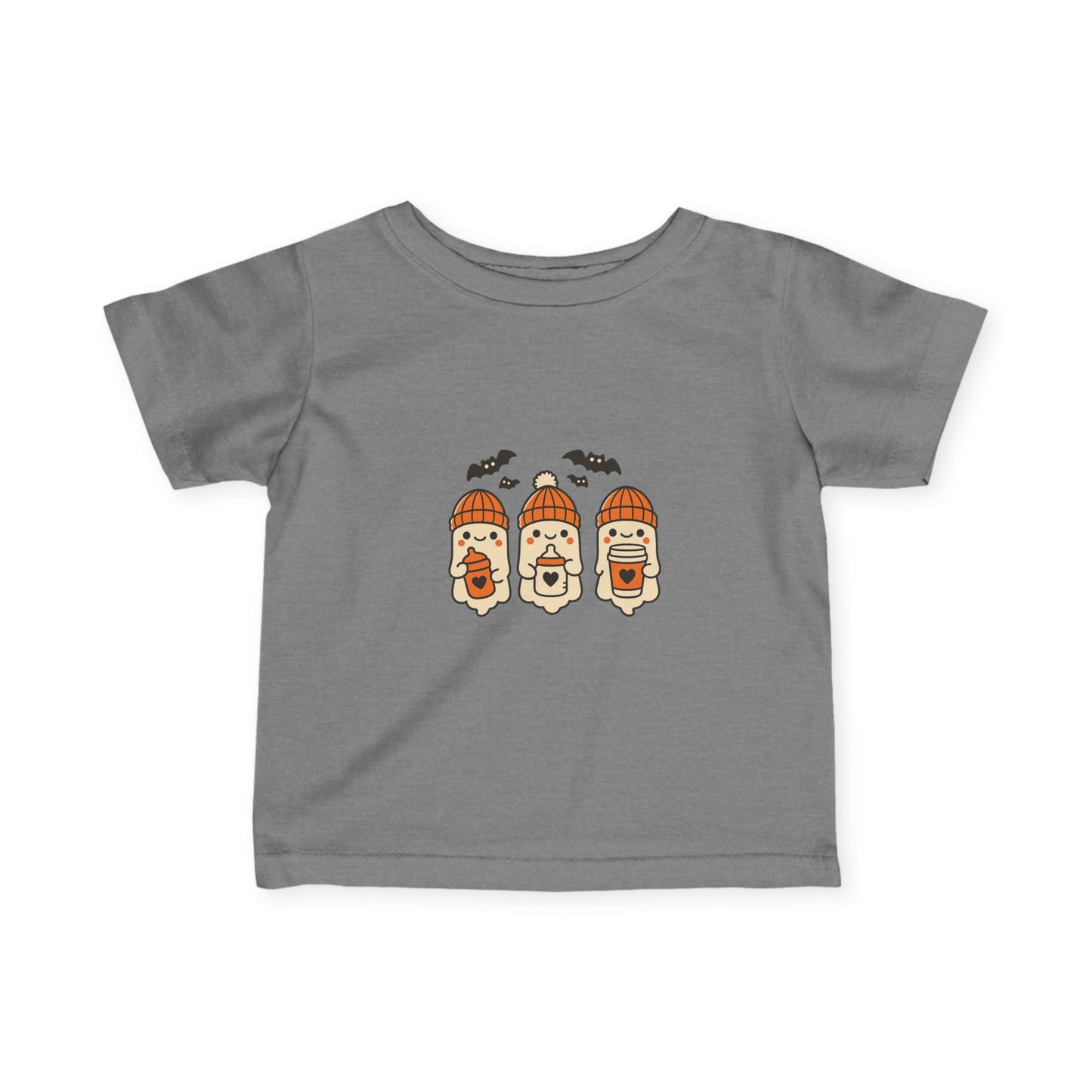 Charcoal gray toddler Halloween tee with three kawaii ghosts in orange knit beanies holding cups, bats overhead.