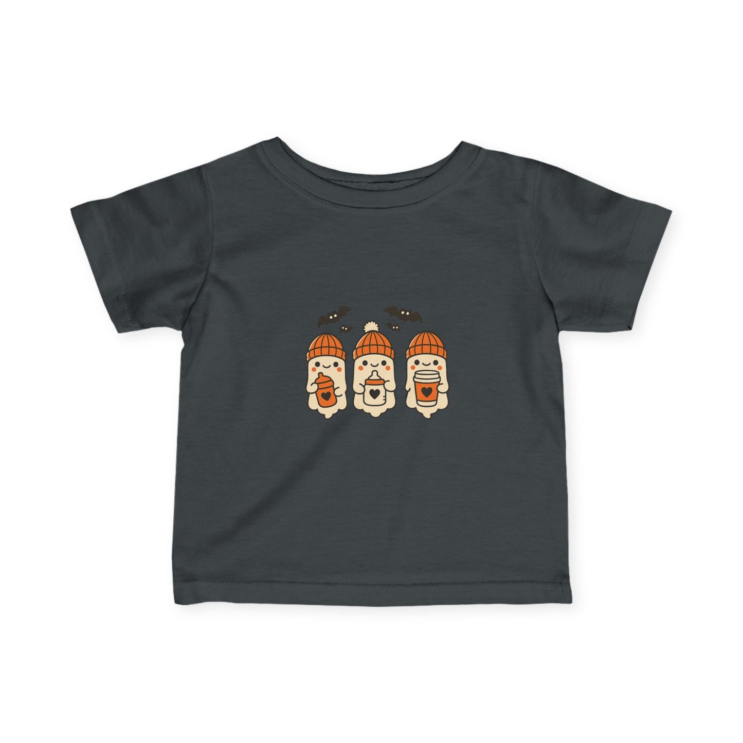 Dark gray toddler Halloween shirt with cute ghost trio wearing orange beanies and holding festive drinks.
