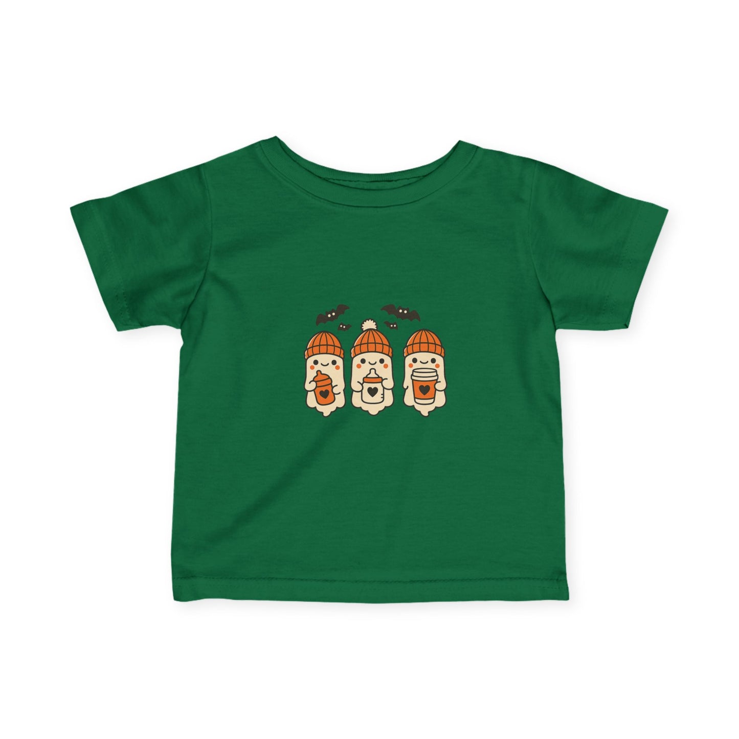 Dark green toddler tee with Halloween ghost design — three cute ghosts in orange beanies holding heart drinks.