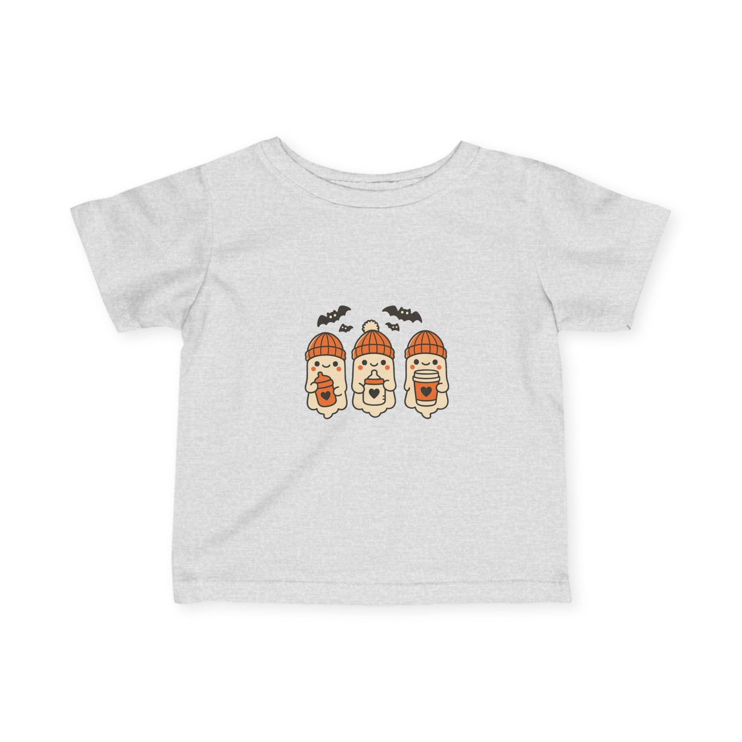 Gray toddler Halloween shirt with adorable ghosts wearing orange beanies, each holding a heart cup, bats flying overhead.
