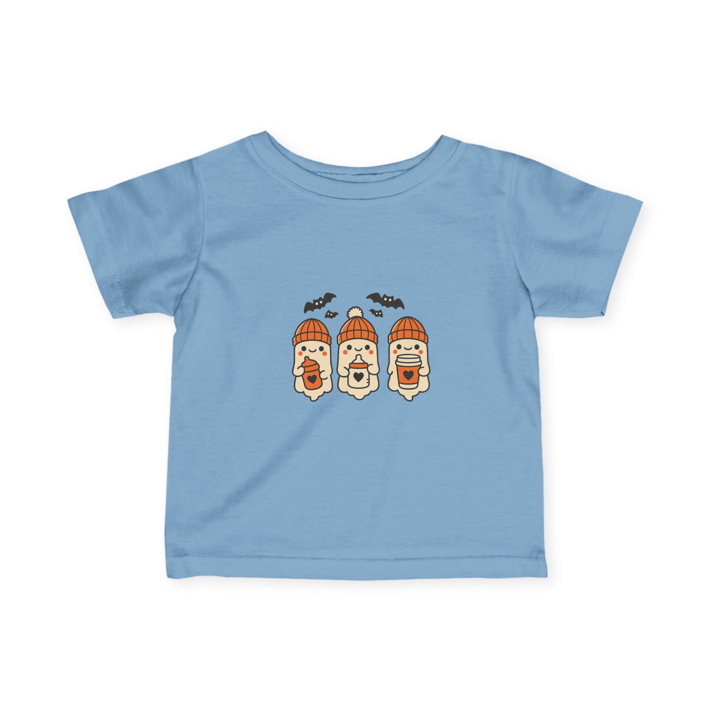 Light blue toddler Halloween shirt with trio of happy ghosts in orange beanies and bats above.