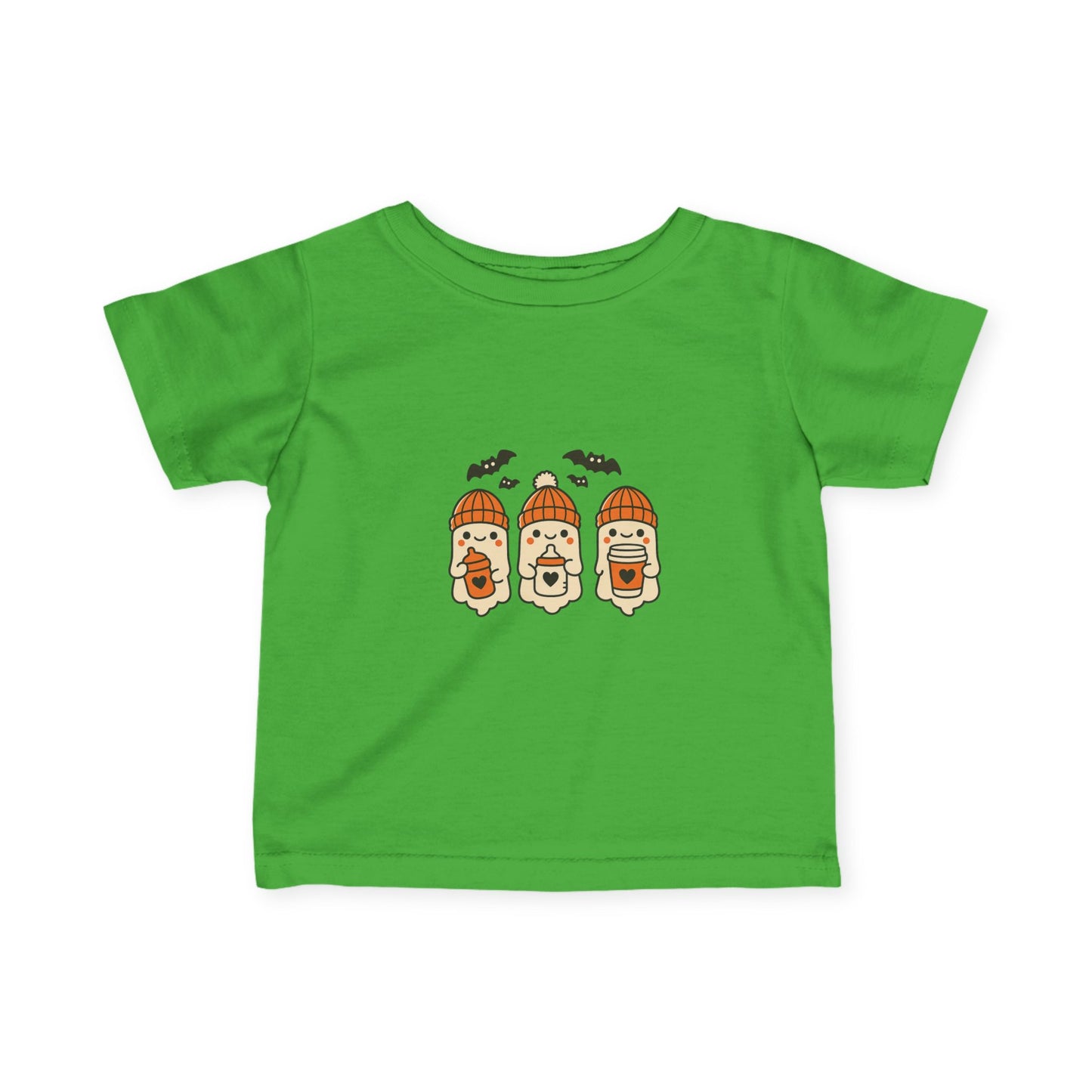 Green toddler Halloween shirt with cartoon ghosts wearing orange beanies holding baby bottles and sippy cups.