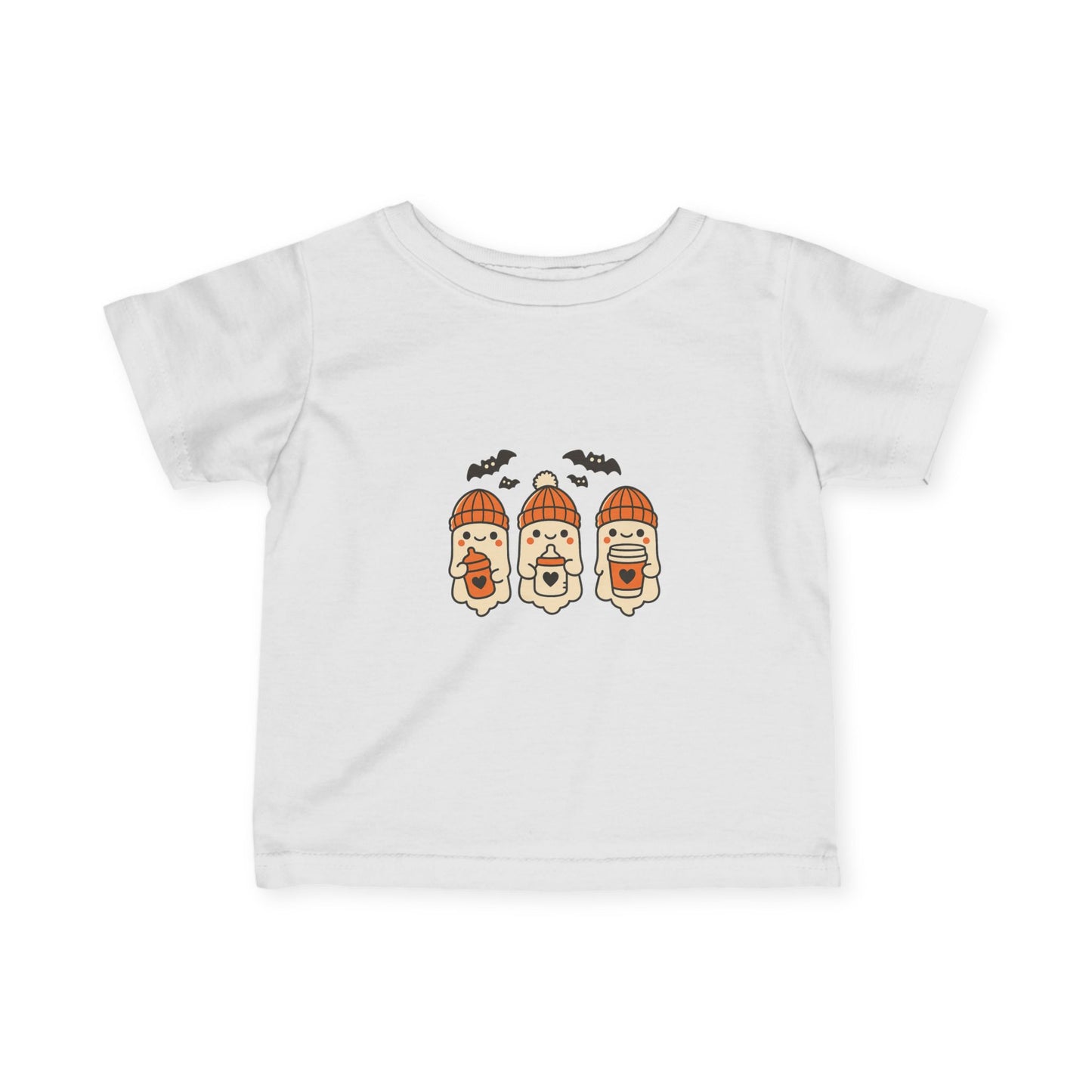 White toddler Halloween t-shirt with three cute ghosts in orange beanies holding cups, bats above design.