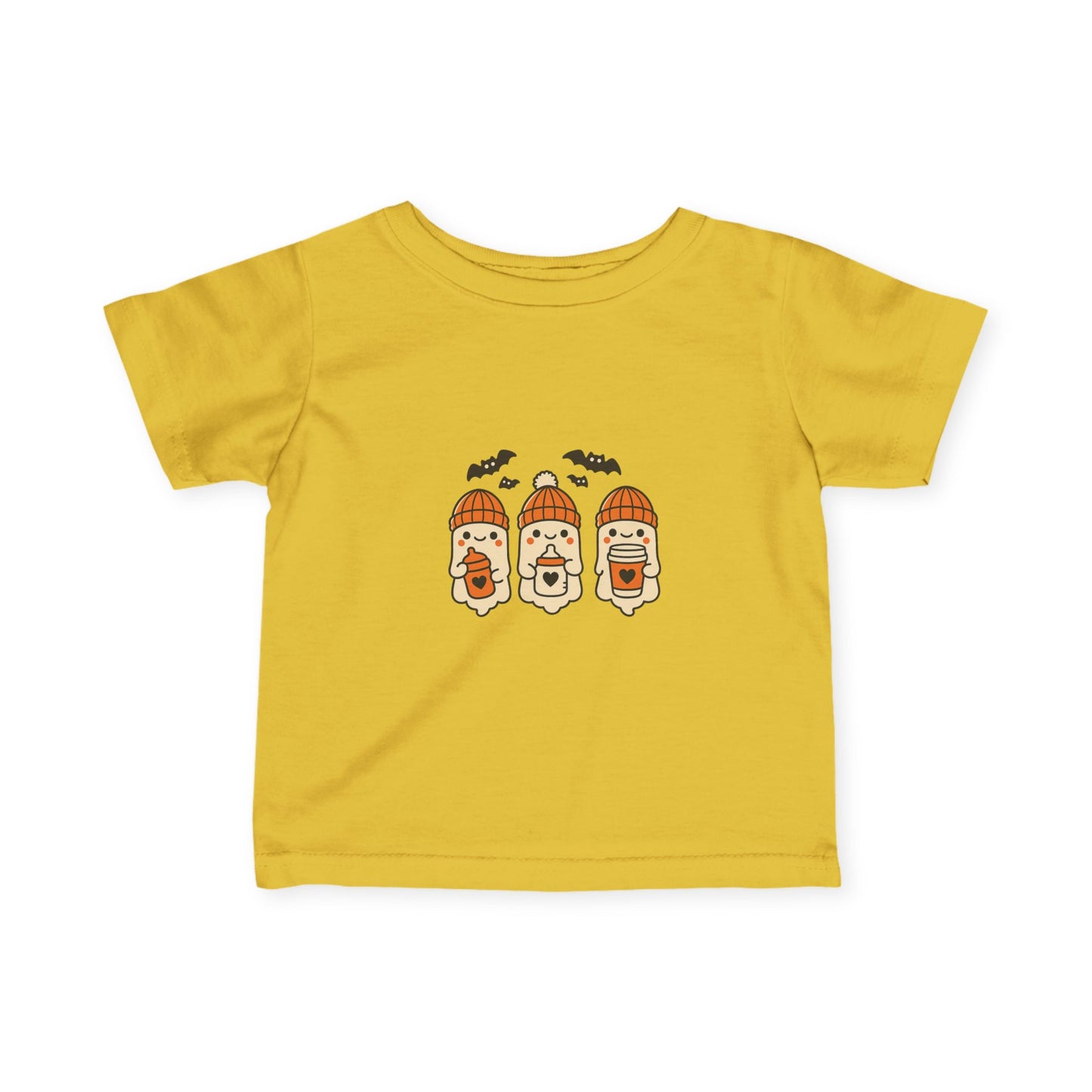 Bright yellow toddler Halloween tee with three smiling ghosts in orange beanies holding festive fall drinks.