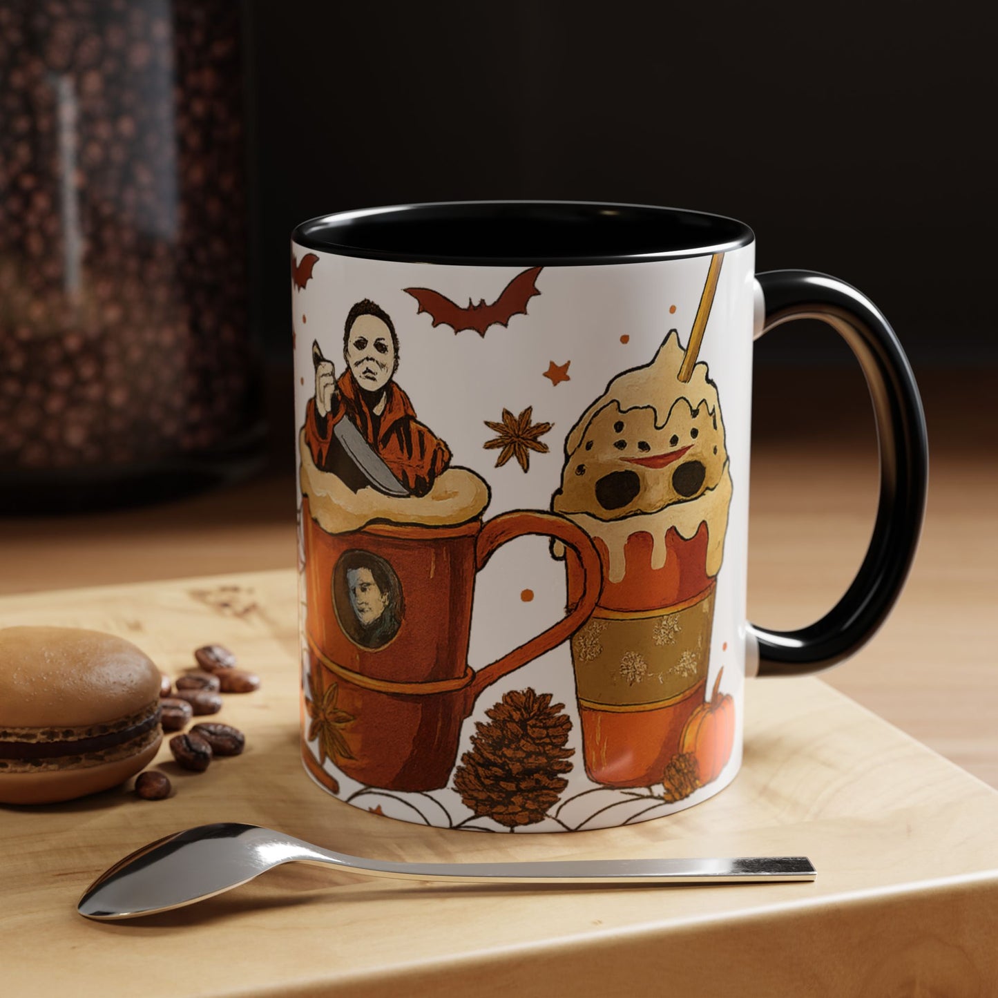 Black interior Halloween coffee mug with spooky horror characters inside fall latte drinks