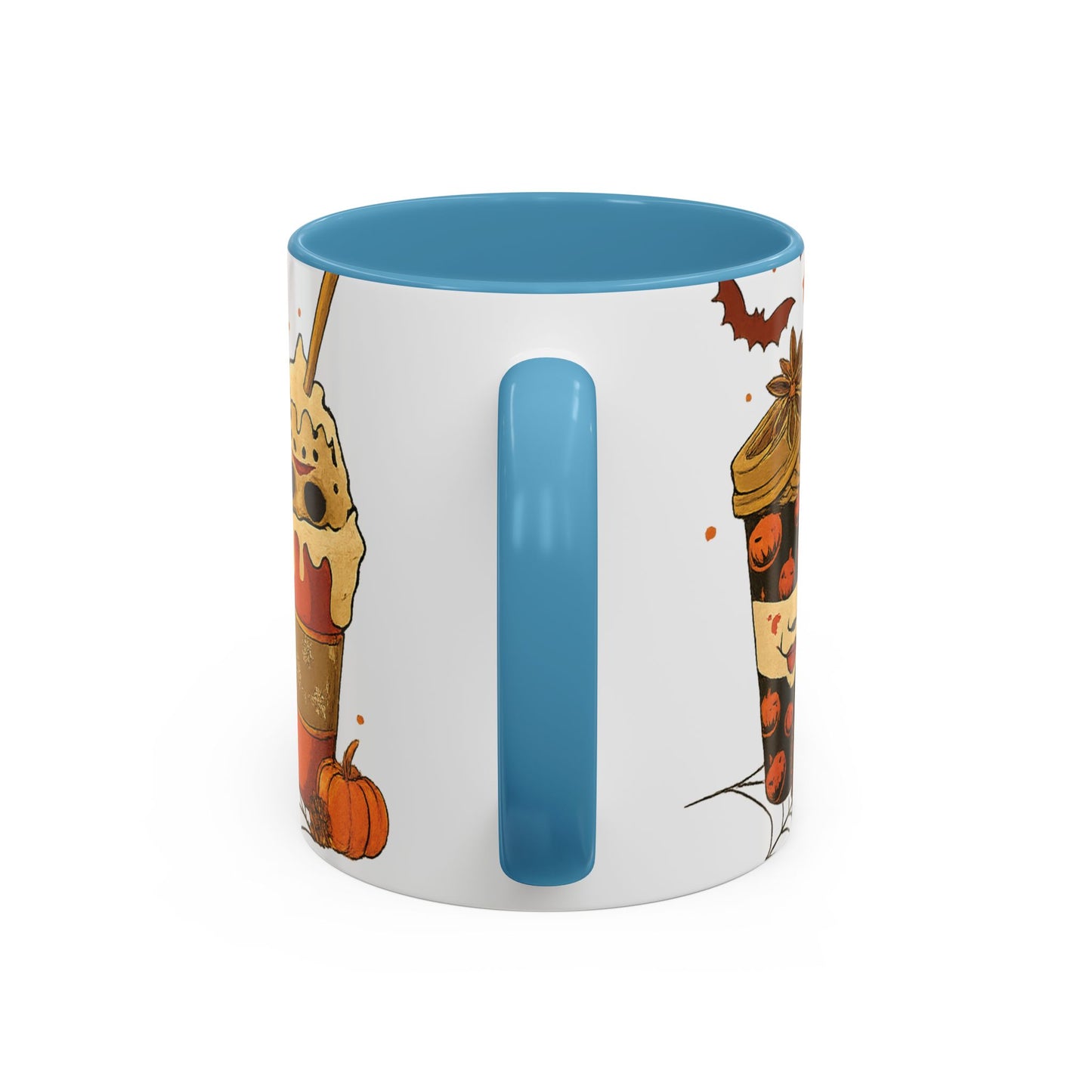 blue interior horror coffee mug back view with festive Halloween latte artwork
