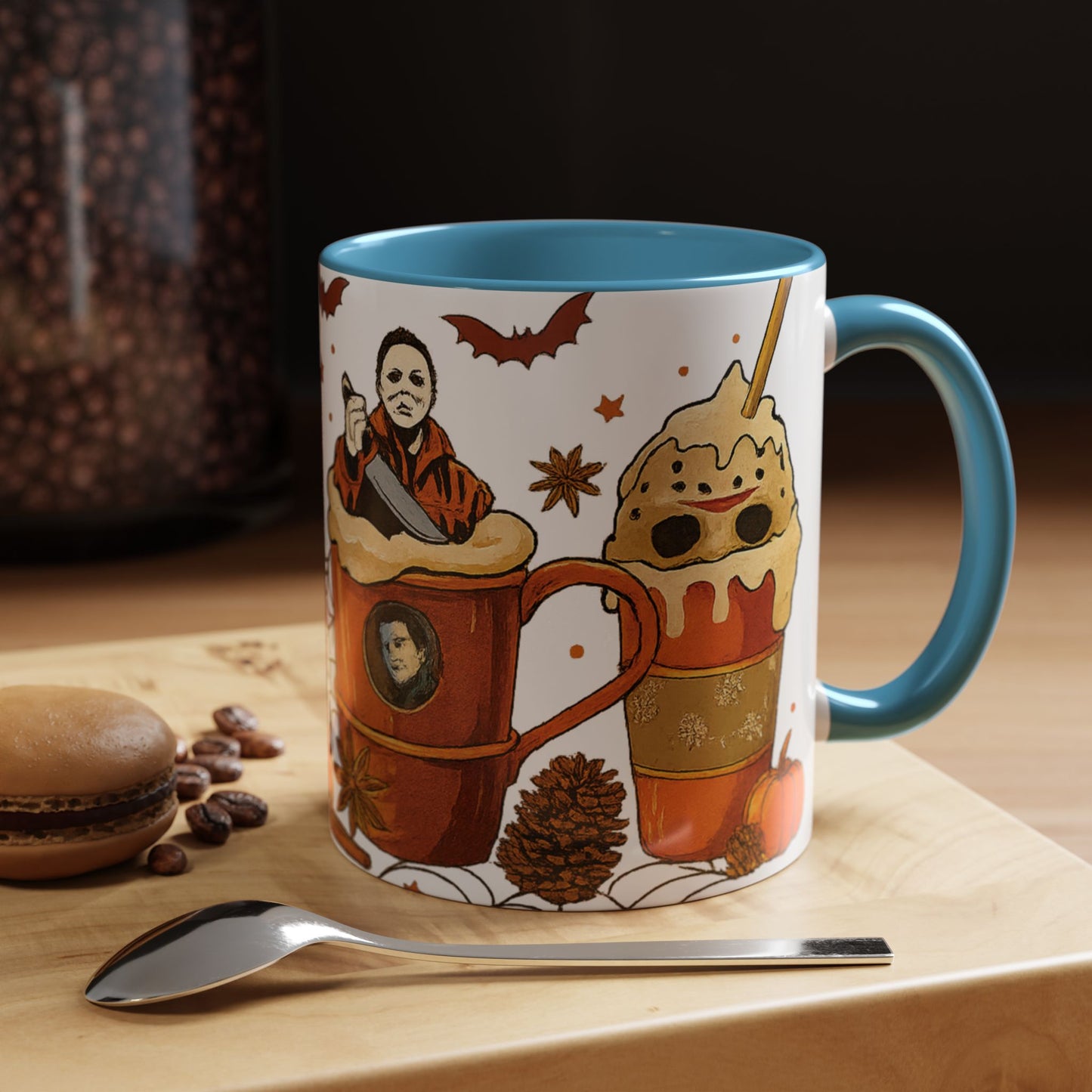 blue interior Halloween coffee mug with spooky horror characters inside fall latte drinks