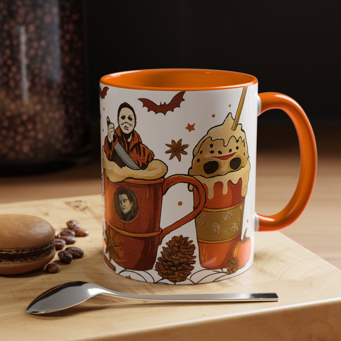 orange interior Halloween coffee mug with spooky horror characters inside fall latte drinks