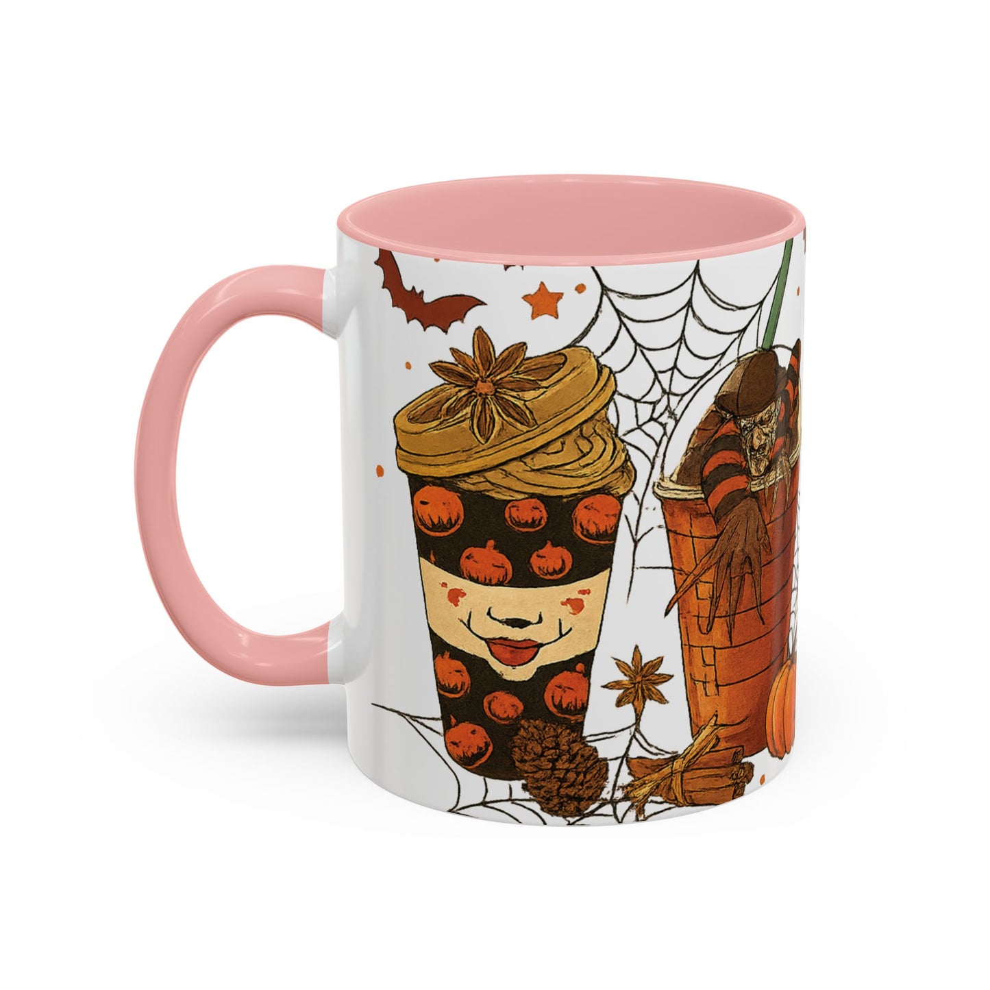 pink interior Halloween mug side view with creepy pumpkin clown cup design