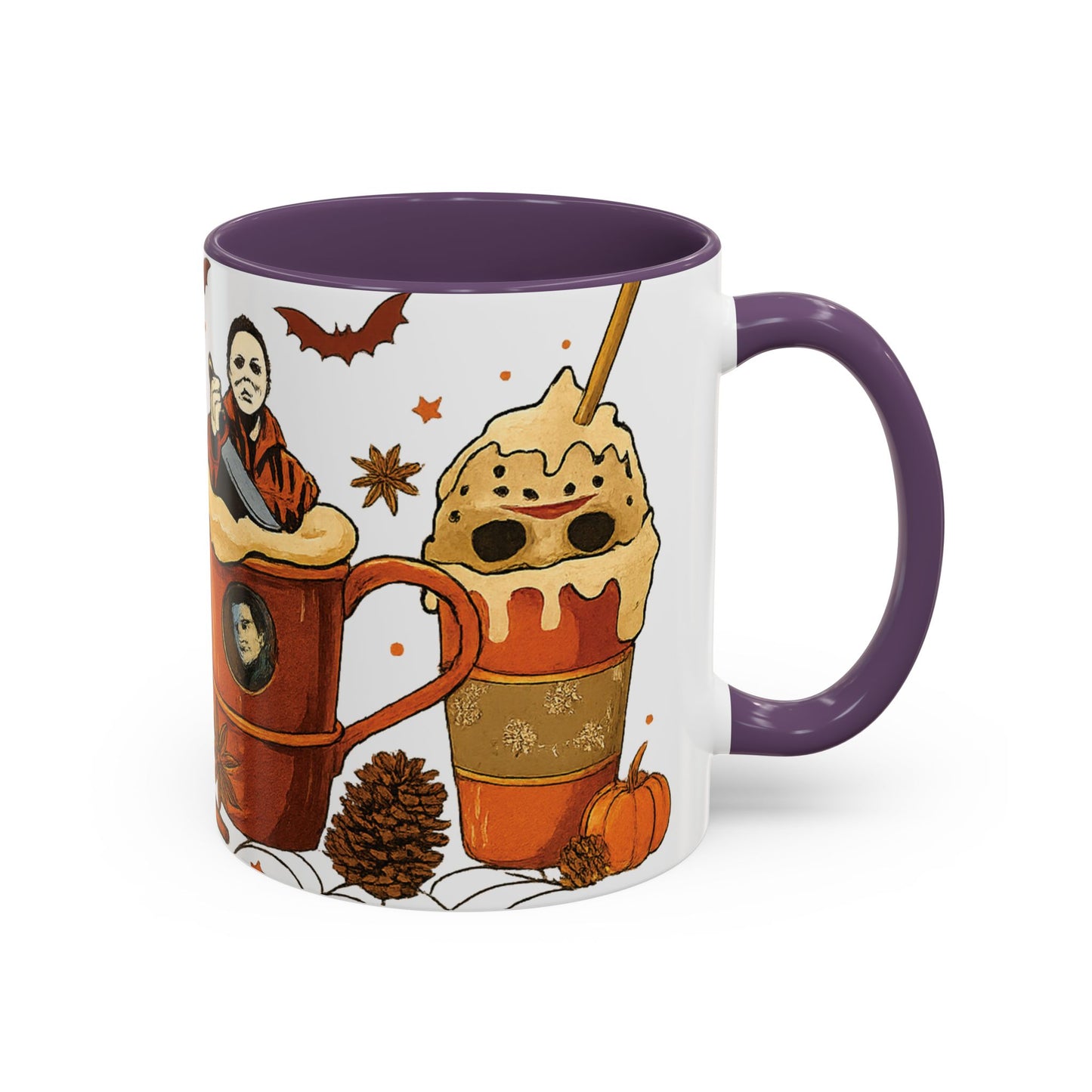purple interior horror coffee mug side view with whipped cream latte and spooky fall design