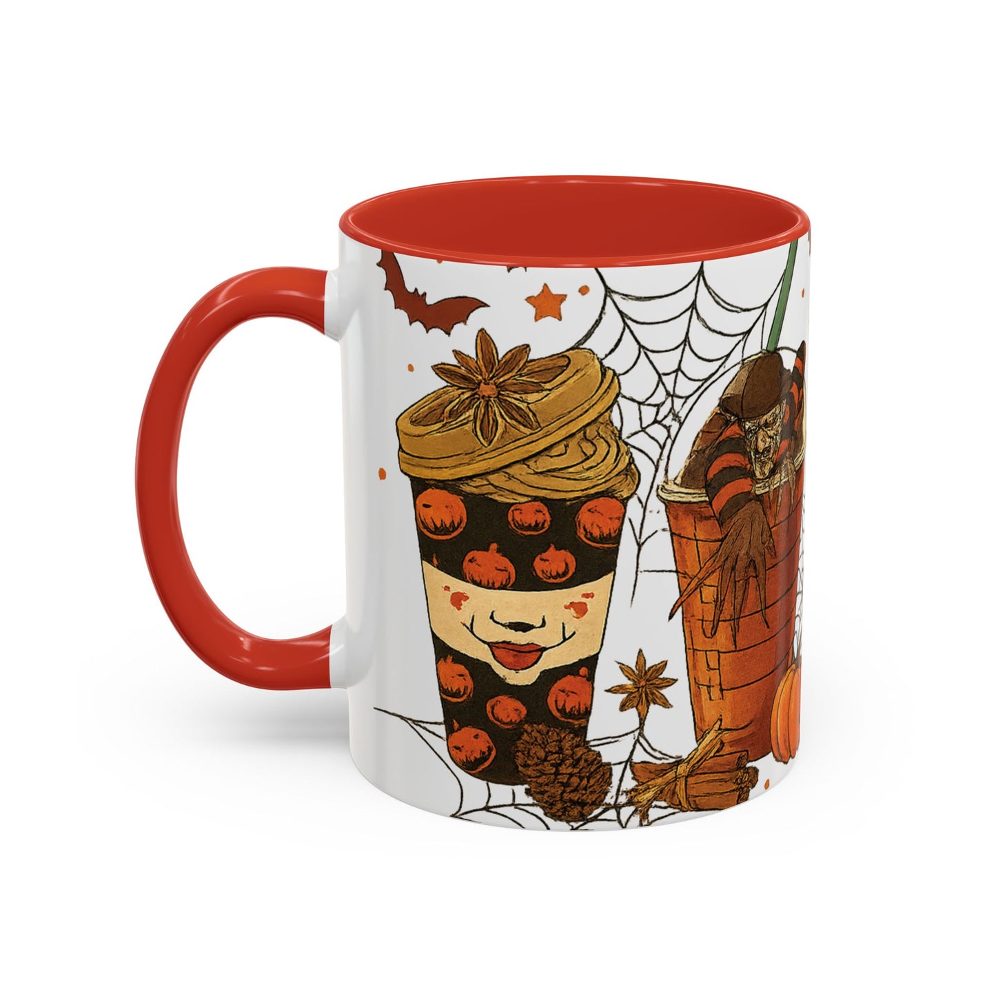 red interior Halloween mug side view with creepy pumpkin clown cup design