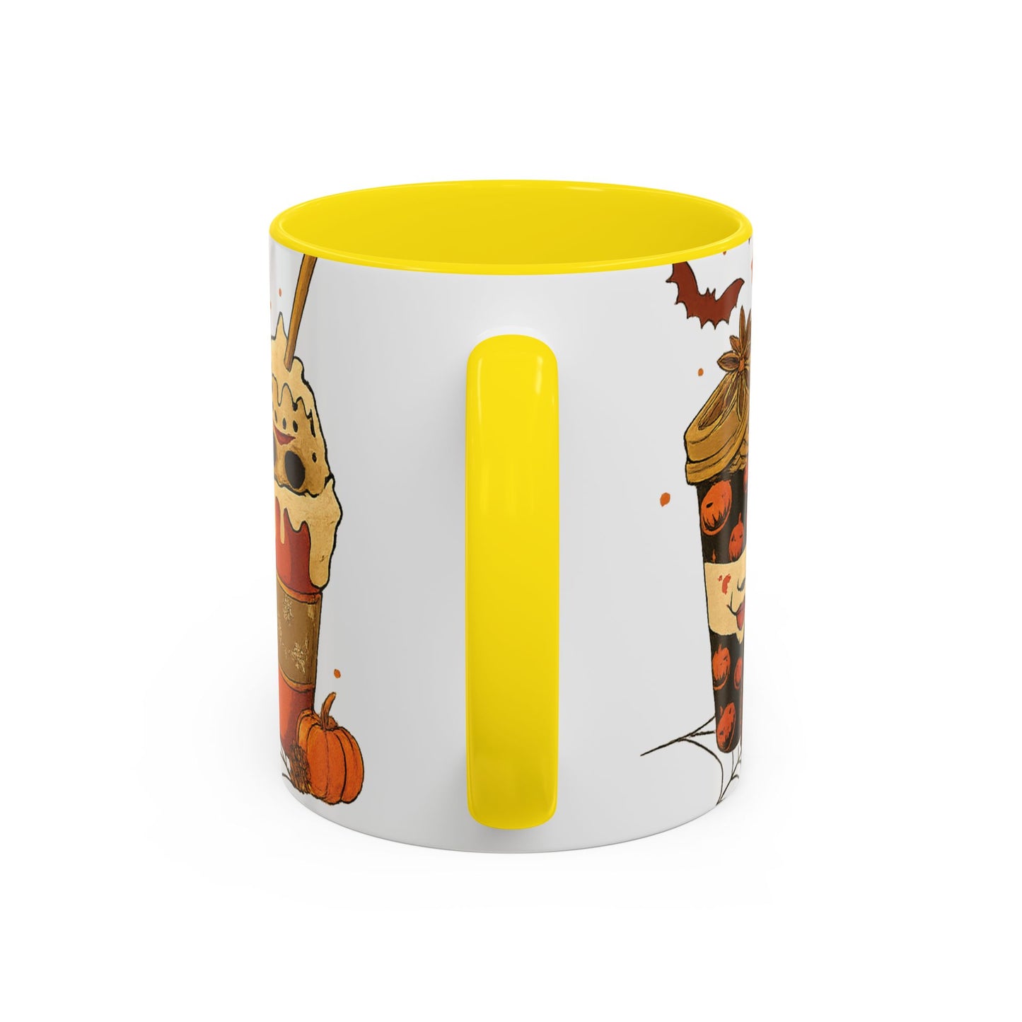 yellow interior horror coffee mug back view with festive Halloween latte artwork