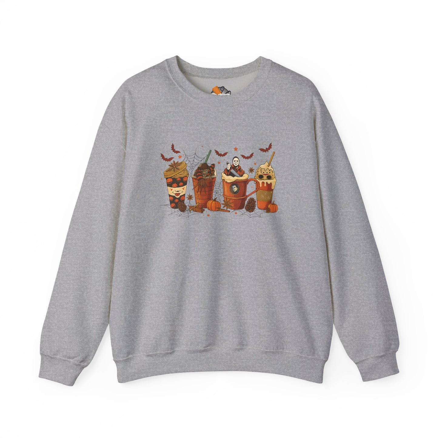 Gray horror movie crewneck sweatshirt with spooky Halloween coffee drinks print