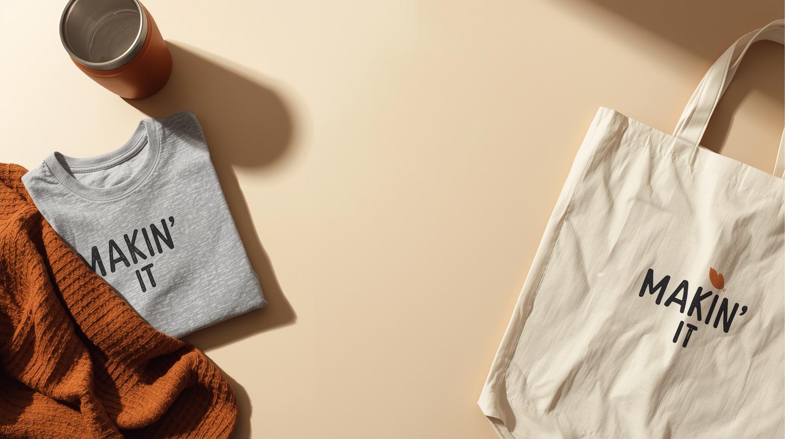 Warm boutique flat lat with folded graphic tee, glossy tumbler, and tote bag featuring Makin' It by Lady Ev designs. Cozy fall vibes with neutral cream background, orange and gray-black accents, perfect for custom handmade gifts and print-on-demand products.
