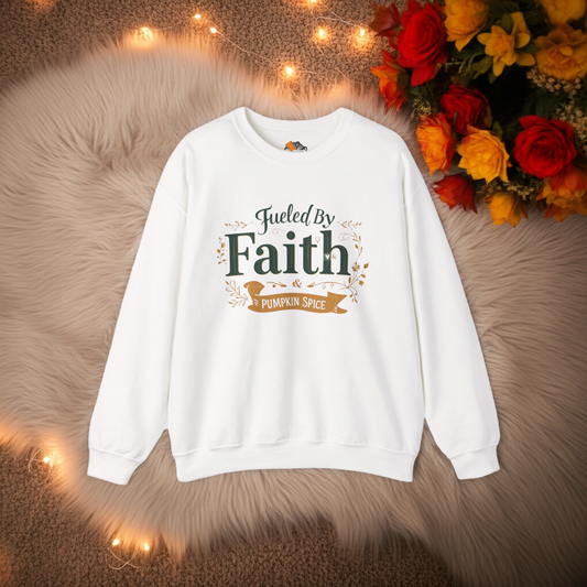 White “Fueled by Faith & Pumpkin Spice” crewneck sweatshirt displayed on soft beige rug with autumn flowers and string lights – Makin’ It By Lady Ev cozy fall flat lay.