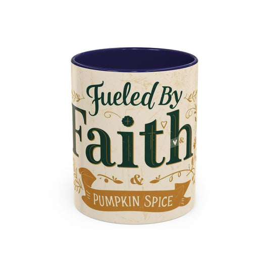 Navy “Fueled by Faith & Pumpkin Spice” 11oz accent mug — deep blue Christian mug with cozy fall aesthetic and inspirational typography.