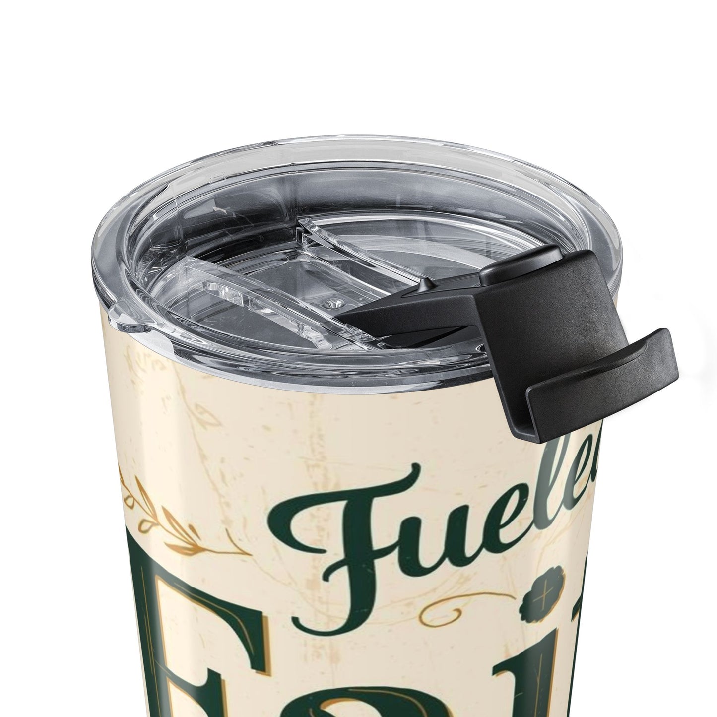 Close-up of Fueled by Faith and Pumpkin Spice tumbler lid — secure sliding top with clear BPA-free cover and travel-ready design.